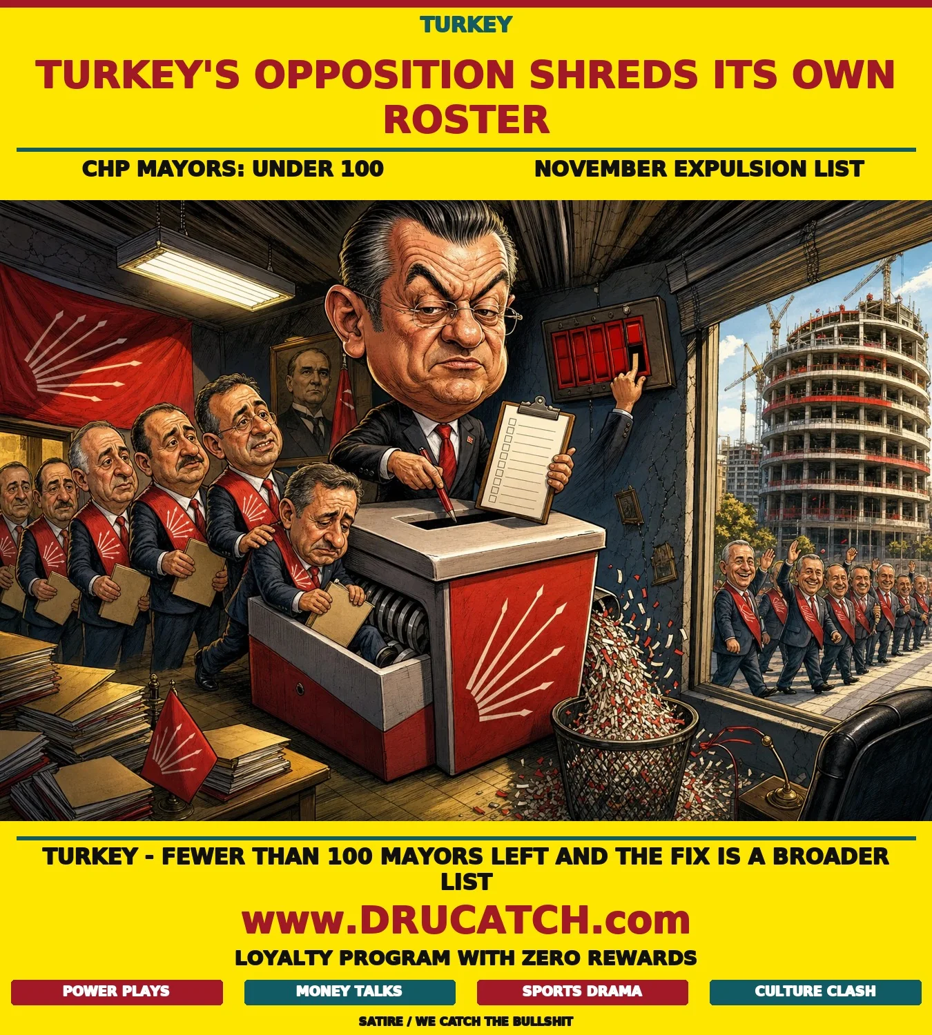 Cartoon of a stern CHP party official feeding a line of mayors into an enormous ballot-box-shaped shredder while a scoreboard on the wall drops toward zero