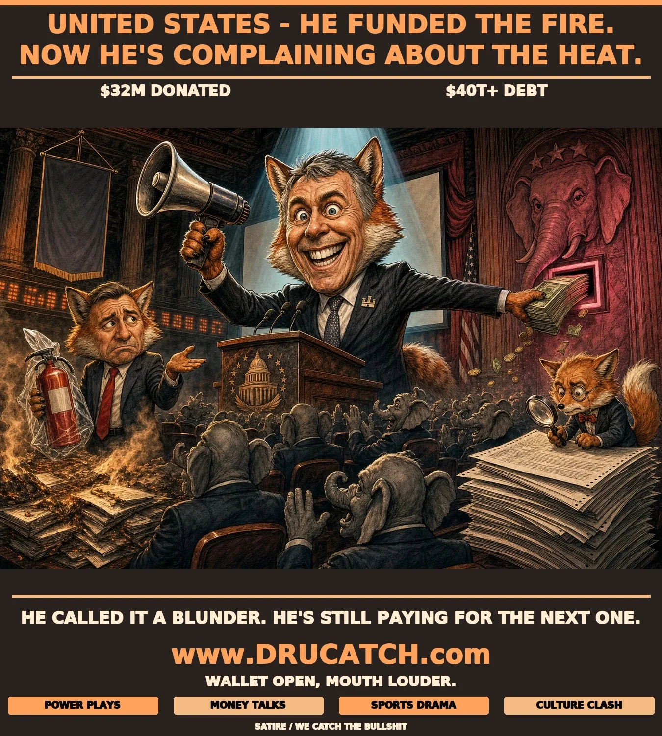 Editorial cartoon caricature of an anthropomorphic fox in a suit representing Ken Griffin lecturing at a conference podium about fiscal responsibility while simultaneously feeding cash into a Republican donation slot in the wall behind him.