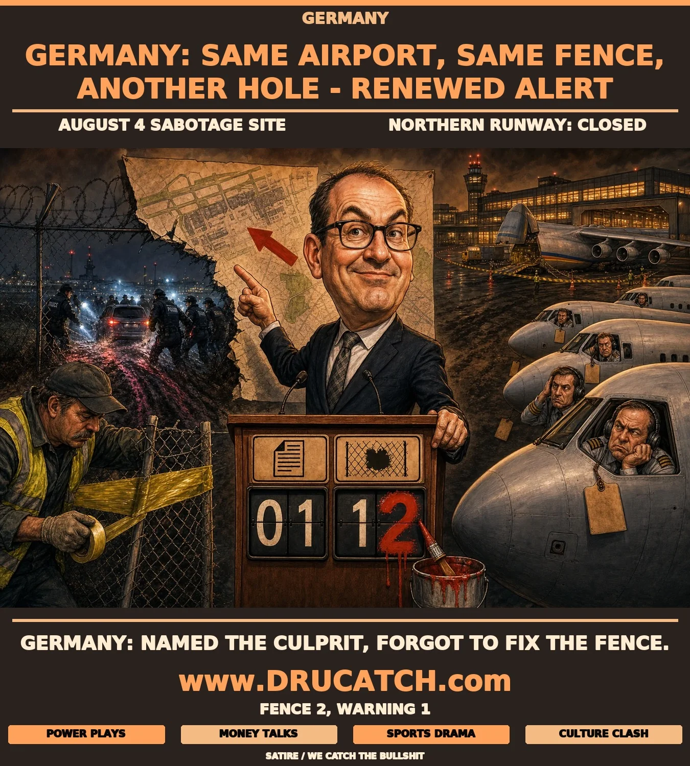 Editorial cartoon caricature of Alexander Dobrindt confidently pointing at a Leipzig Airport map while behind the map a vehicle punches a second hole through the airport security fence as police swarm and grounded aircraft wait with frustrated pilots.