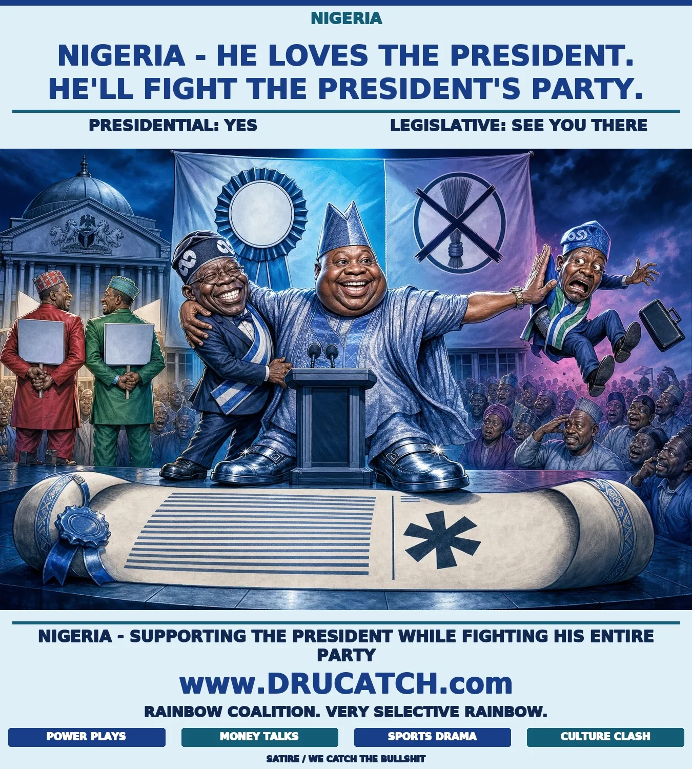 Satirical editorial cartoon of Nigeria's Osun Governor Adeleke simultaneously embracing a caricature of President Tinubu with one arm while pushing a legislative opponent off a stage with the other, a split campaign banner behind him.