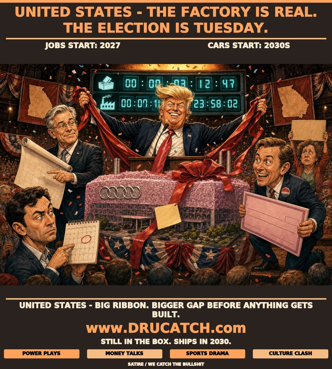 Caricature of Donald Trump pulling a ribbon off a still-bubble-wrapped scale model of an Audi factory at a Georgia campaign rally, while a dual countdown clock behind him shows election day in days and factory production years away.