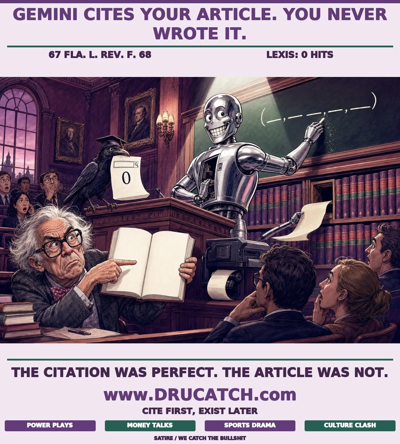 Editorial cartoon of a chrome robot at a law school lectern writing a fabricated Bluebook citation on a chalkboard, while an elderly professor in the front row holds up a completely blank law journal open to the nonexistent article's cited pages, and a crow holds a LEXIS printout showing zero search results.