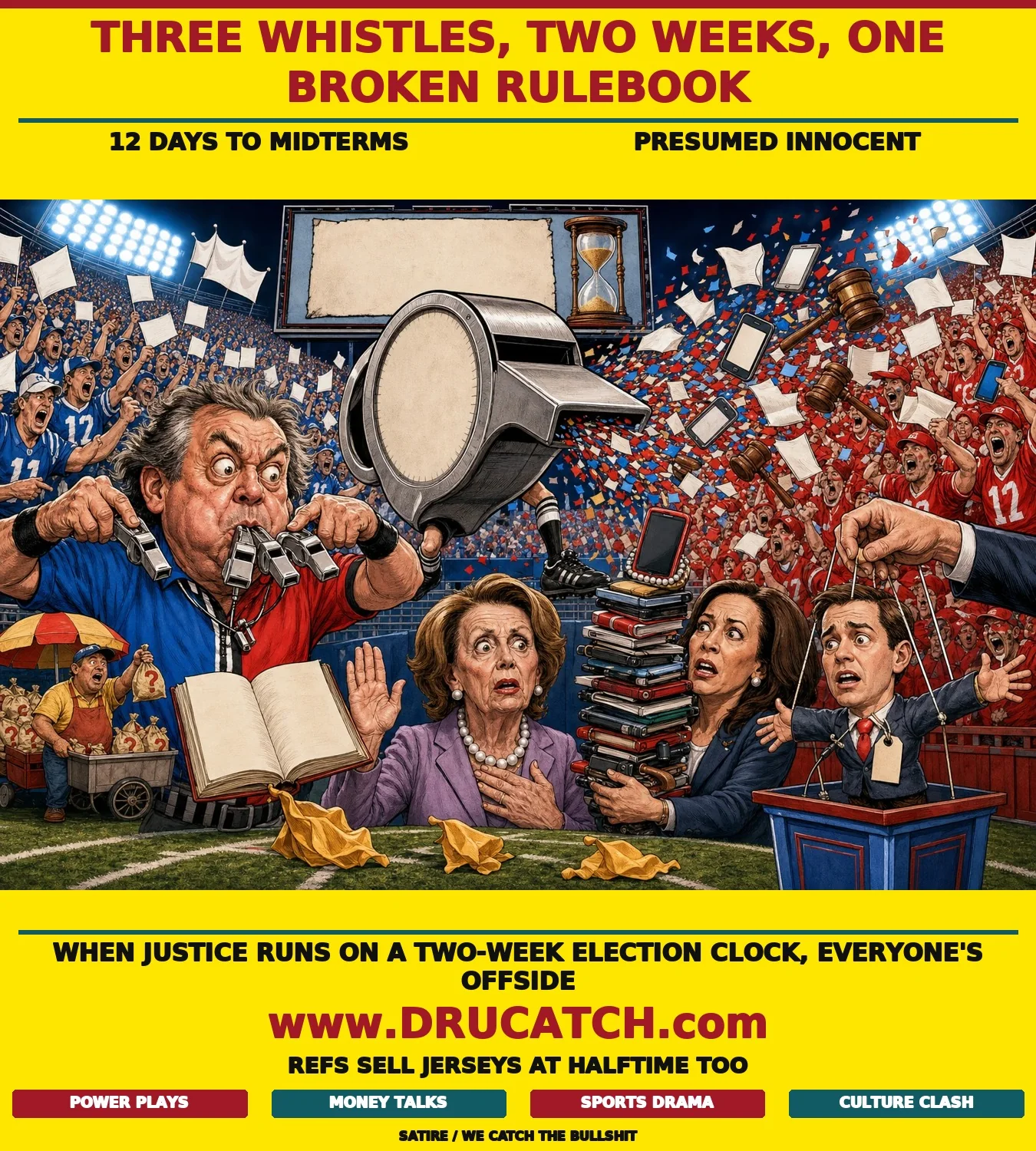 Editorial cartoon of a split-jersey referee blowing three whistles at once in a stadium, while three Democratic figures face penalty flags and rival fan sections wave contradictory accountability and weaponization pennants.