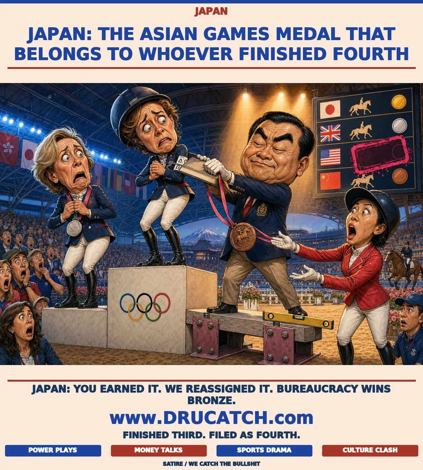 Japan: Asian Games Bronze - No, Not Yours Editorial cartoon showing an Asian Games official using a rulebook as a lever to pry a bronze medal from a bewildered third-place eventing athlete on a podium, aiming it at a fourth-place finisher standing below on a hastily bolted extra step.