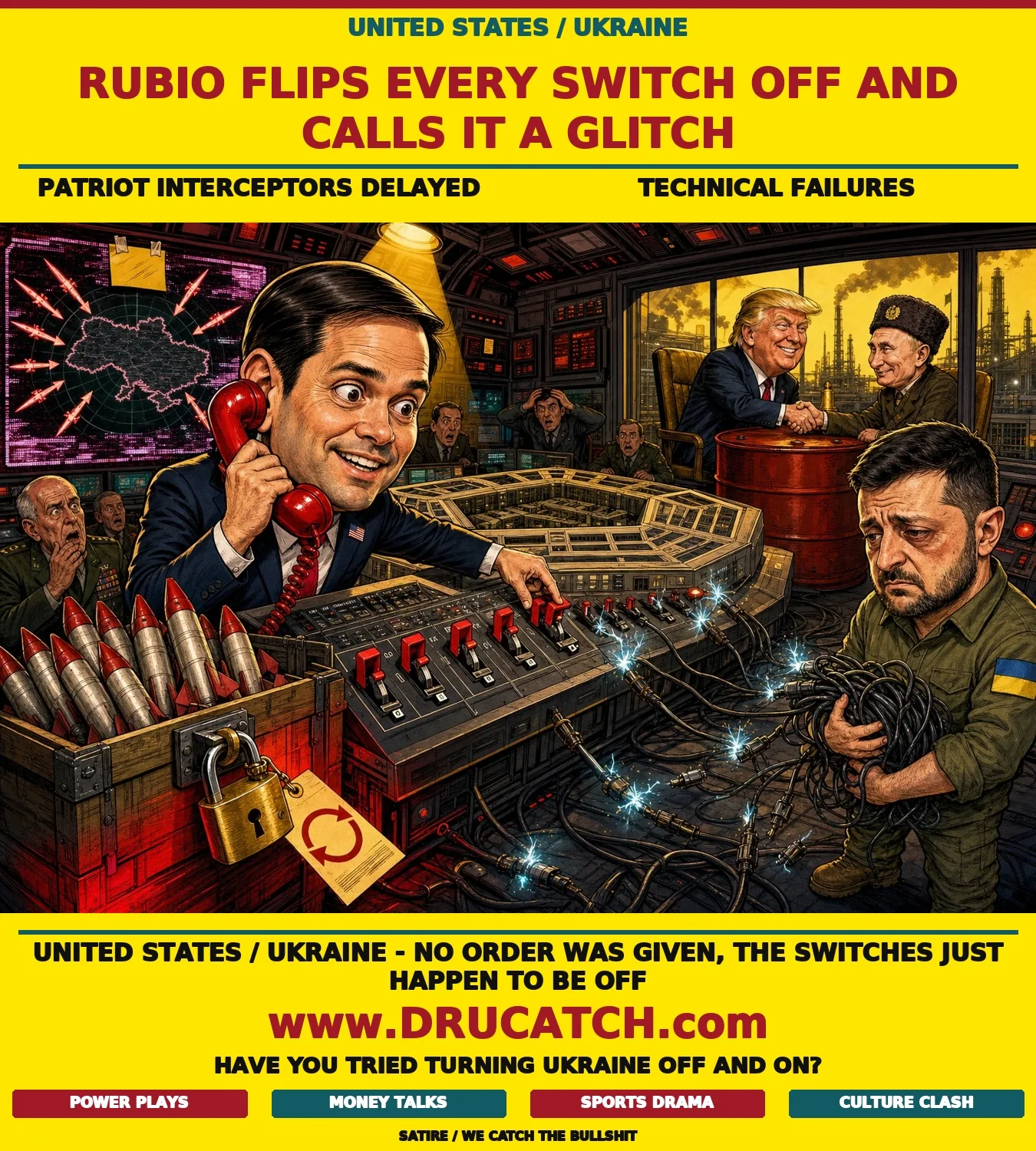 Editorial cartoon of Marco Rubio flipping switches off on a Pentagon switchboard while reassuring Zelensky on a phone as cables disconnect and a radar screen flickers