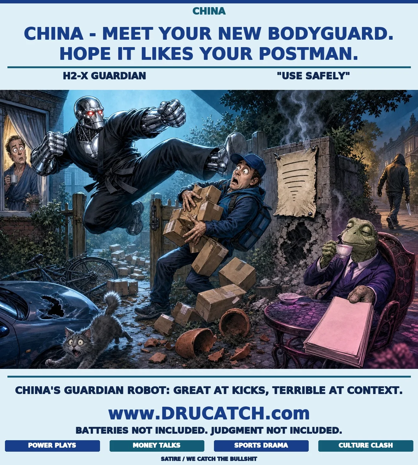 China - The Robot Bodyguard Who Fought the Wrong Guy Editorial cartoon of a humanoid kung fu robot launching a flying kick at a startled Amazon delivery driver at a suburban garden gate, packages flying everywhere, while a knife-wielding figure casually walks away ignored in the background.