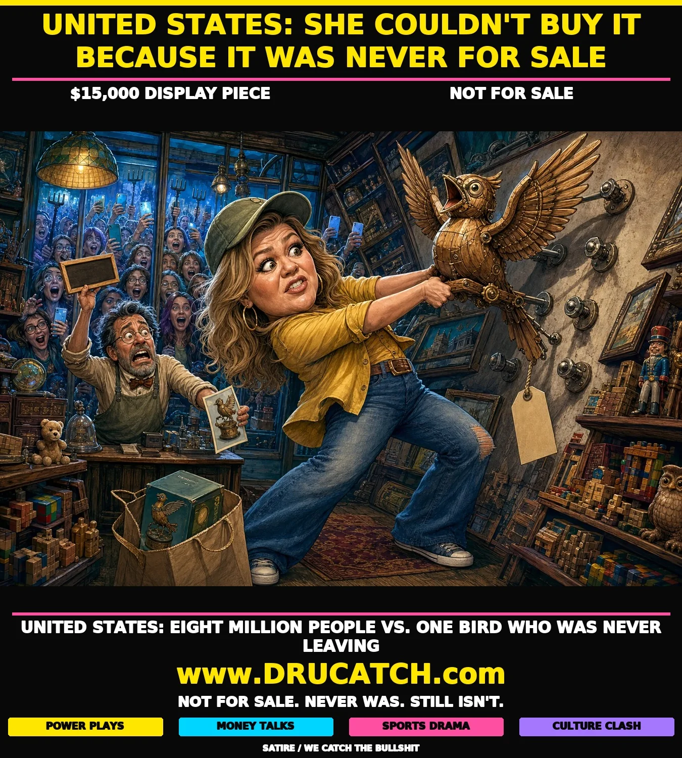 Kelly Clarkson vs. Molly the Bird: The $15K Wall Ornament That Started a Mob Editorial cartoon caricature of Kelly Clarkson pulling with both hands on a firmly wall-mounted mechanical bird inside a Brooklyn boutique, while a crowd of fans presses against the shop window outside and an ignored alternative bird sits in a bag at her feet.