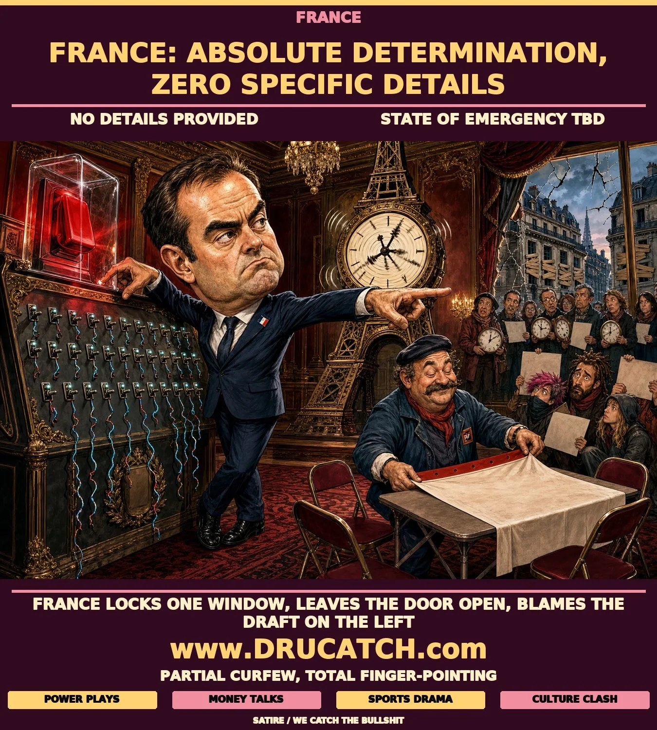 Editorial caricature of French PM Lecornu flipping tiny disconnected curfew switches on a control panel while pointing accusingly at far-left protesters in a corner, union leader calmly setting up a strike table in the foreground