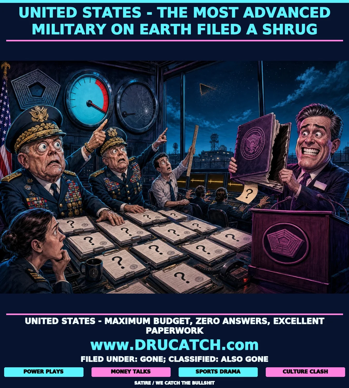 Editorial cartoon caricature of two US military generals pointing at an empty sky where a black triangular UFO just vanished, while Pentagon gauges show maximum defense budget and zero objects identified.