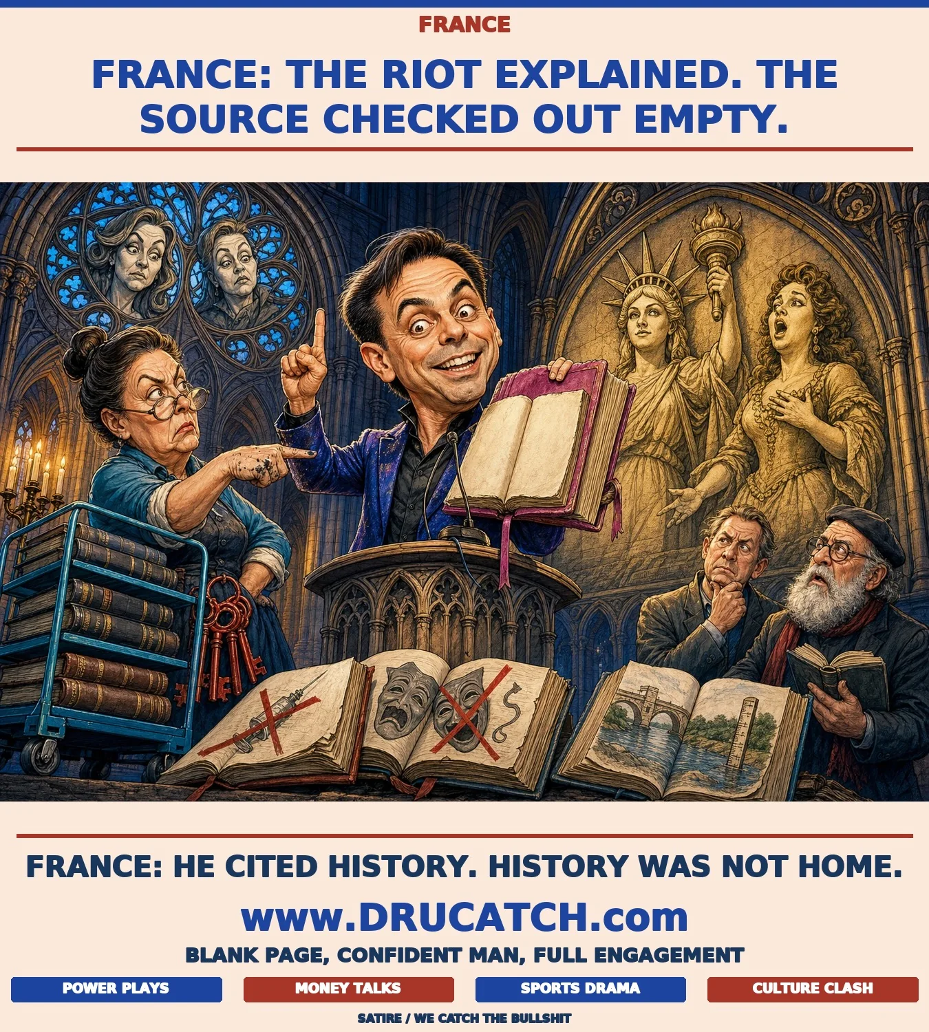 France: Dan Negru's Empty Citation at Notre-Dame Editorial cartoon of Dan Negru's caricature at a Notre-Dame lectern holding an open book with a blank page aloft while a stern archivist points at its emptiness and historical engravings of an actress and opera singer glow on the stone wall behind him.