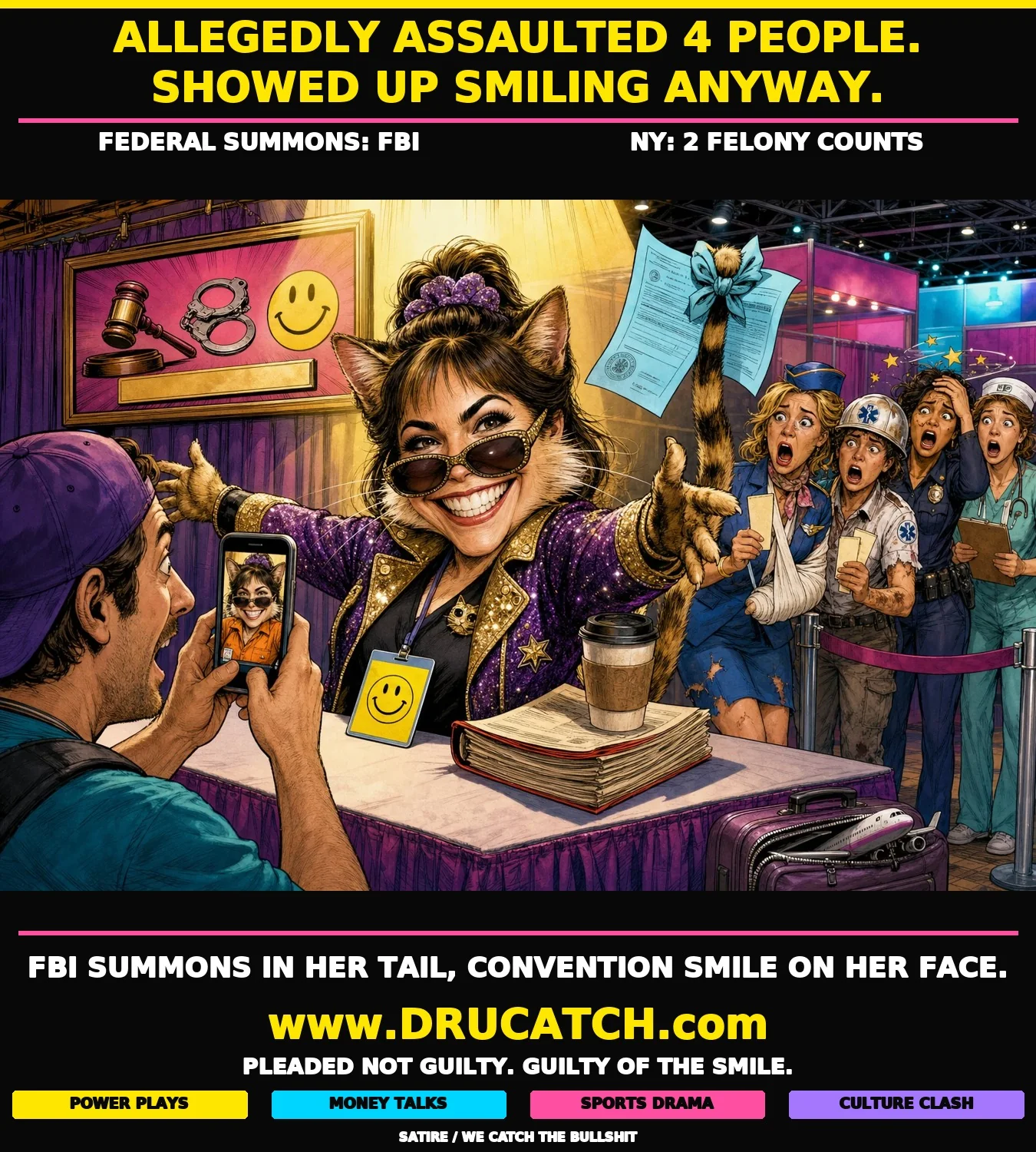 Selma Blair: All Smiles, All Charges, All Weekend Editorial cartoon caricature of an anthropomorphic cat styled as Selma Blair posing for a convention selfie, a federal summons knotted to her tail and legal documents used as a coffee coaster, while four alleged victims wait in a numbered queue behind her.