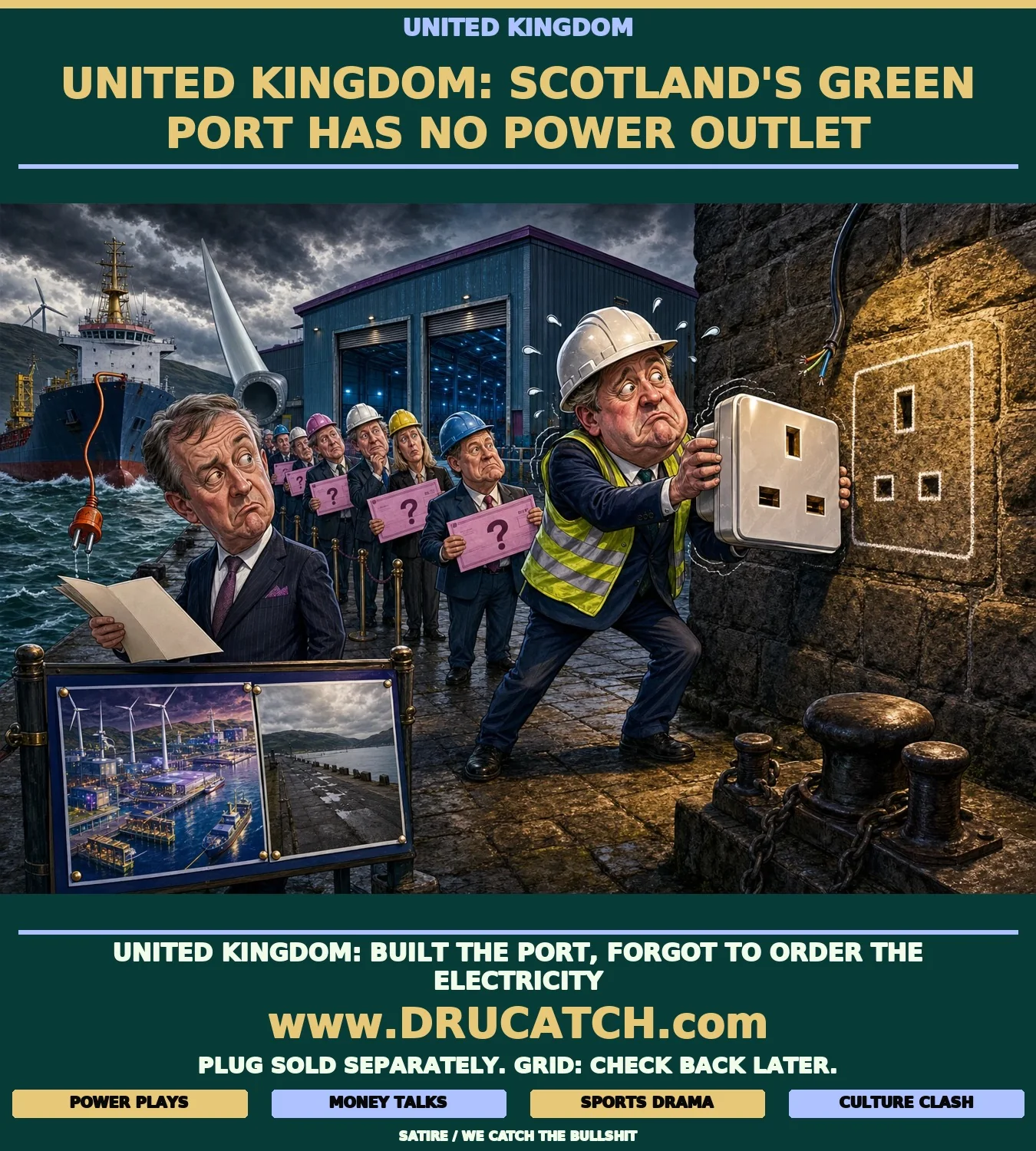 Editorial cartoon of a caricature port director trying to plug an oversized socket into bare stone on a Scottish quayside, with an empty warehouse, a dangling ship extension cord and a queue of investors holding blank cheques.