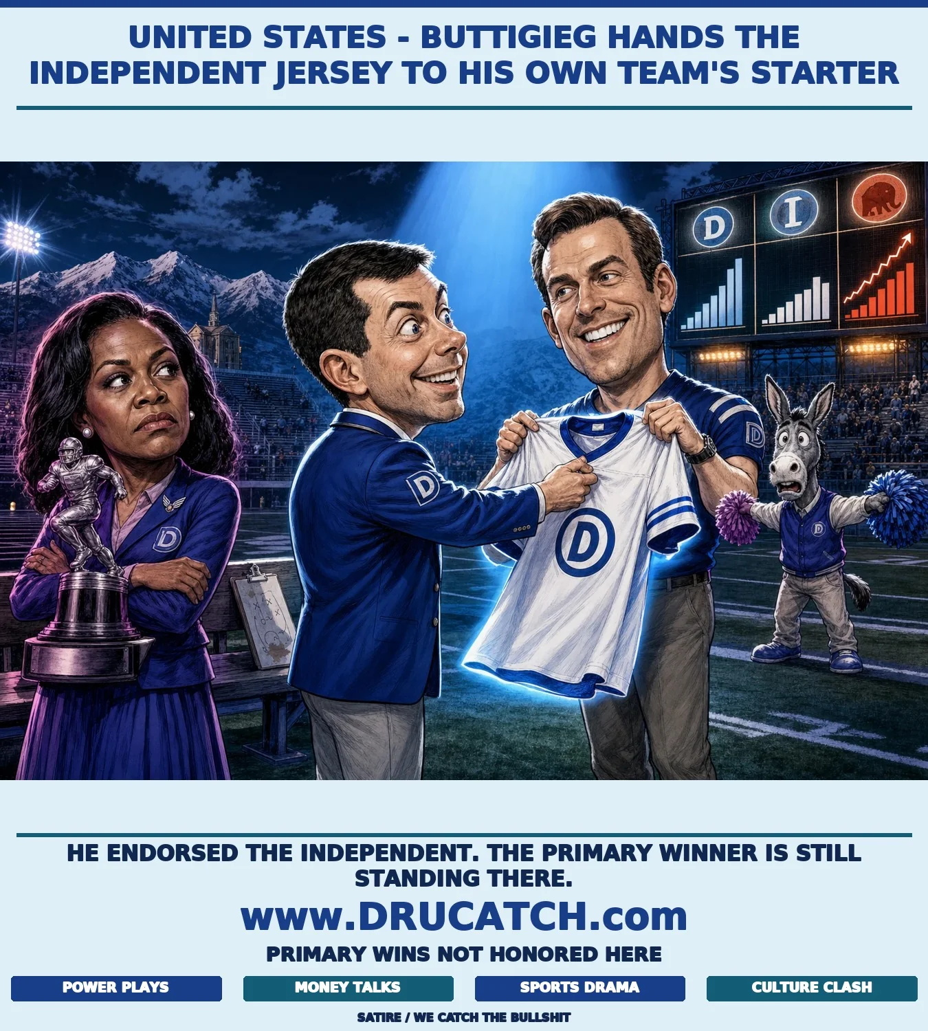 Editorial cartoon: Pete Buttigieg caricature hands an independent candidate jersey to Seth Bodnar while Democratic primary winner Alani Bankhead stands ignored beside an untouched trophy on the sideline bench.