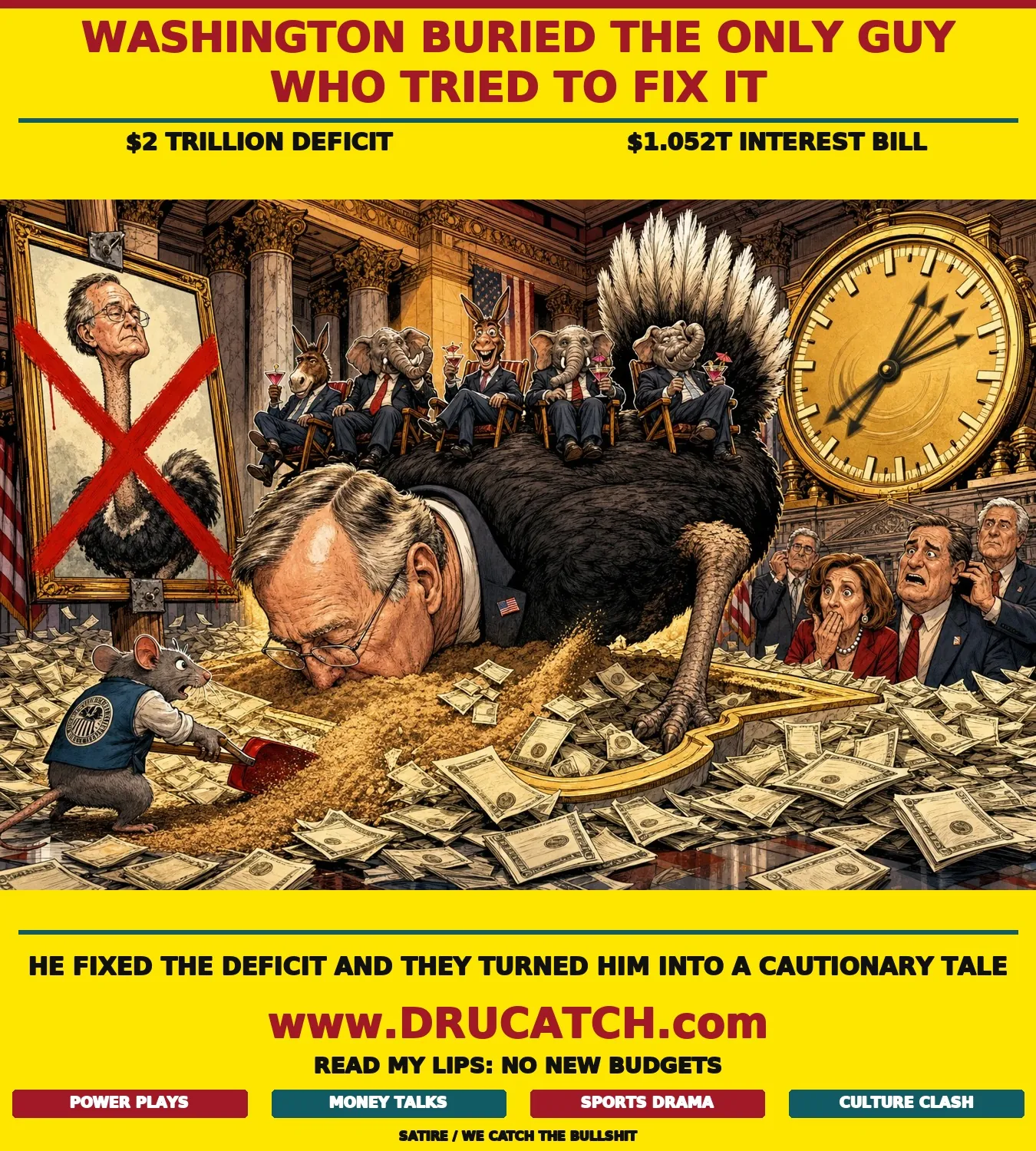 The $2 Trillion Ostrich and Its Congressional Passengers Editorial cartoon of an anthropomorphic ostrich with George H.W. Bush's caricatured head burying itself in a sand pit shaped like a Treasury bond while tiny congressional animal caricatures lounge on its back in lawn chairs
