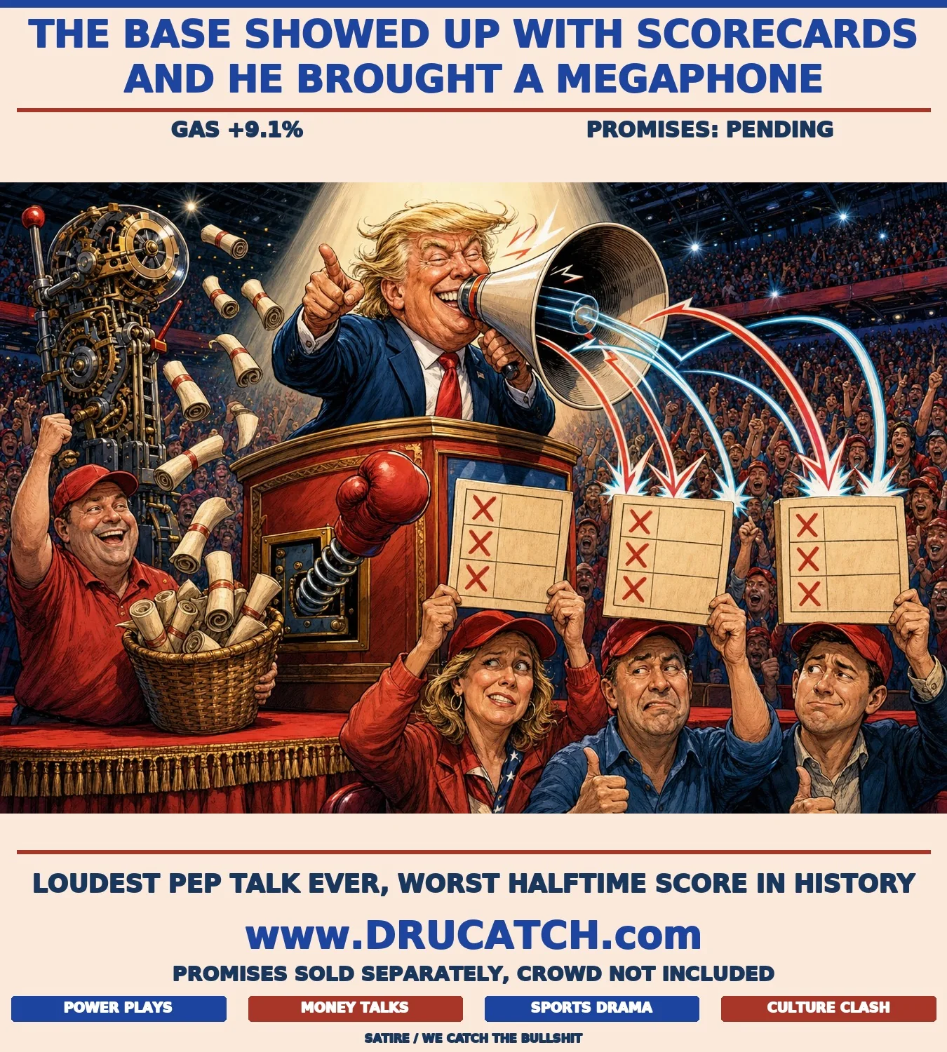 Editorial cartoon caricature of Donald Trump blasting a giant megaphone at a rally crowd in South Carolina, while front-row supporters cheerfully hold up scorecards marking his promises as incomplete.
