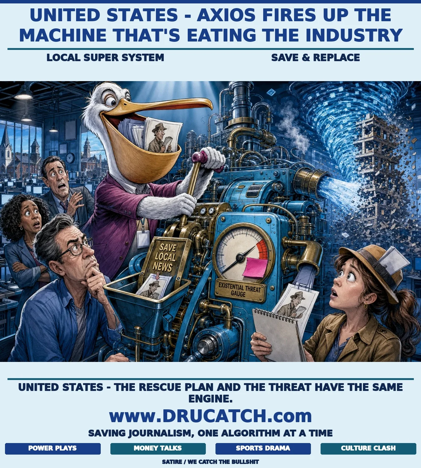 Editorial cartoon of an anthropomorphic pelican in an Axios press lanyard operating a giant brass journalism rescue engine that simultaneously blasts a tornado of AI data at a dissolving open-web tower behind it.