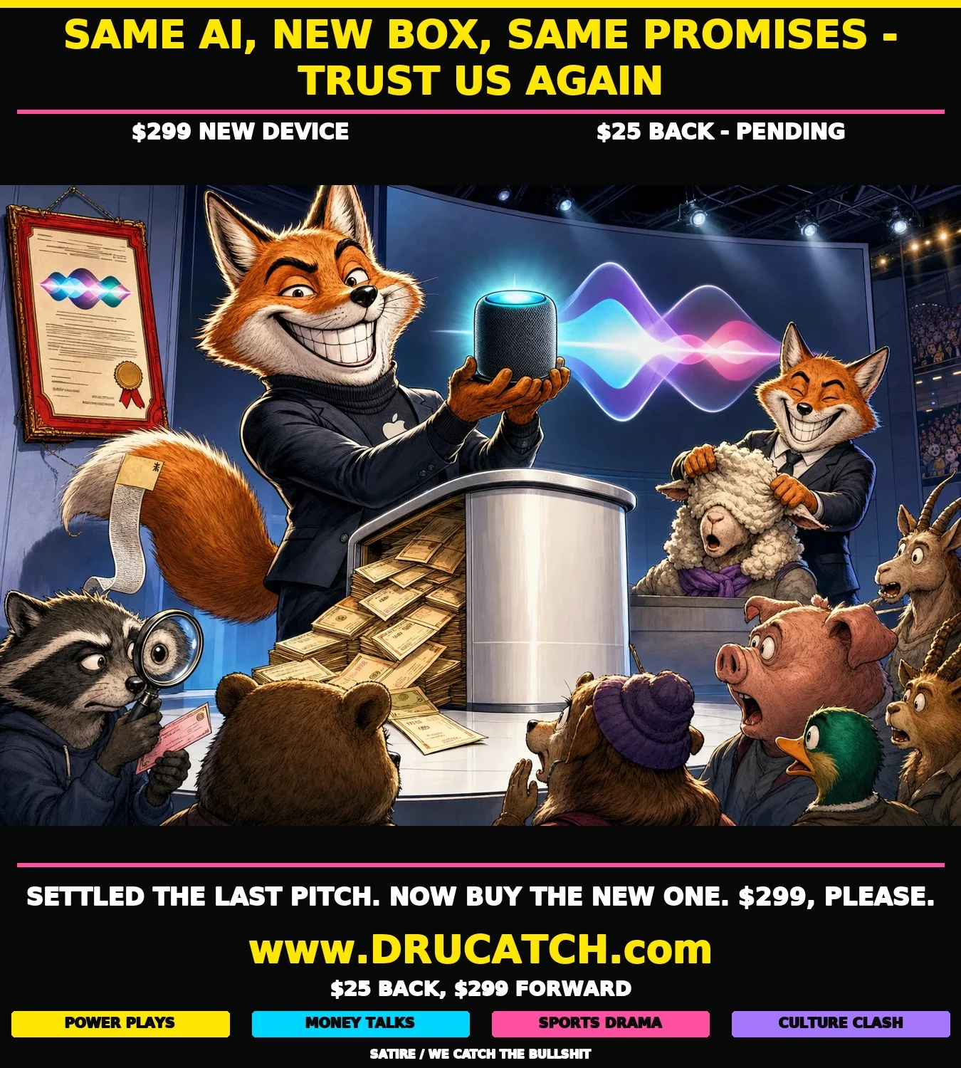 Satirical editorial cartoon of an anthropomorphic fox in an Apple corporate suit launching a glowing smart-home device at a product podium, while settlement checks spill from behind the podium and a skeptical raccoon consumer inspects the new product with a magnifying glass.