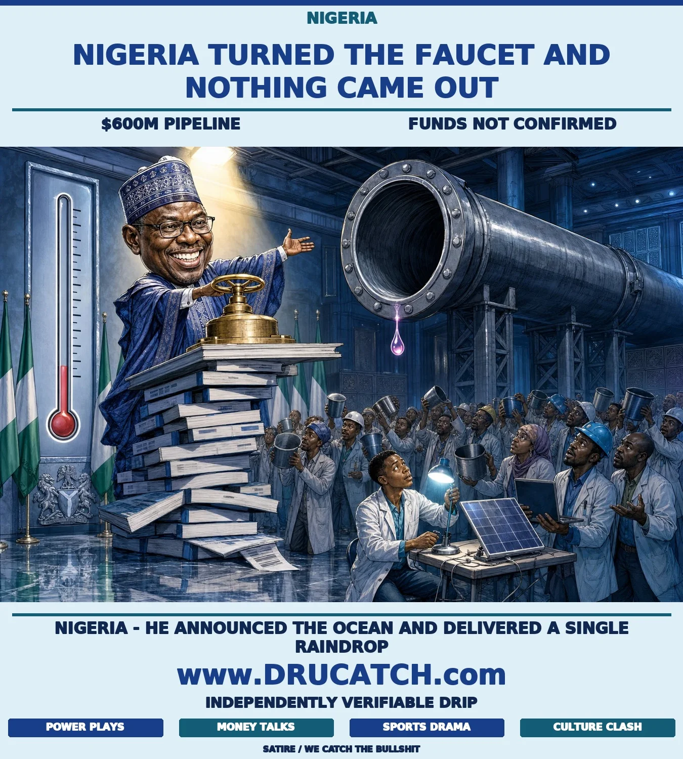 The $600 Million Pipeline With No Water Editorial cartoon of a Nigerian government official triumphantly turning a giant dry pipeline faucet while innovators below hold empty buckets