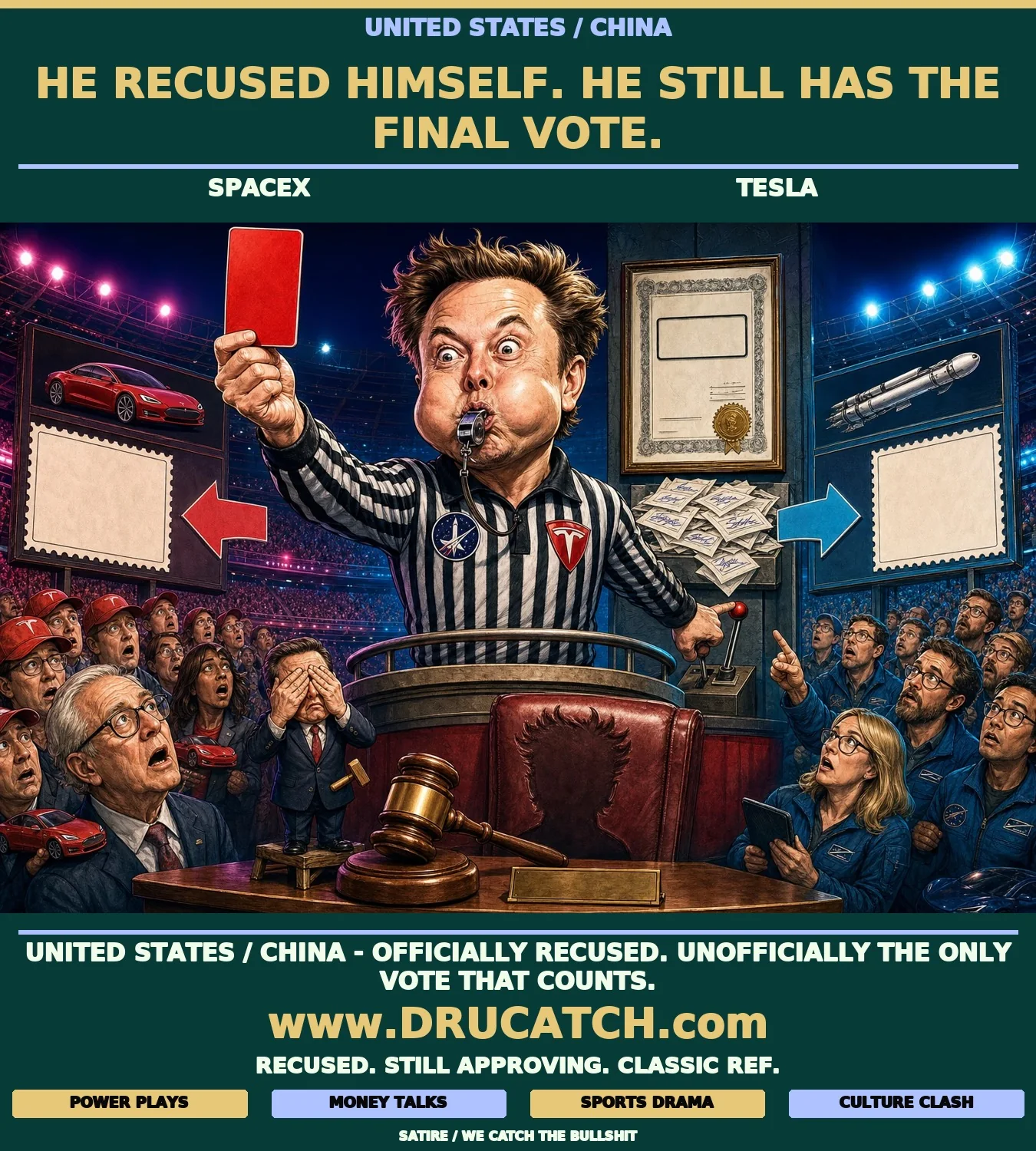 Editorial cartoon of Elon Musk as a referee blowing a whistle while secretly holding a scoreboard control lever, with SpaceX and Tesla badges on his jersey and a framed recusal certificate hanging above a tray of already-approved merger documents.