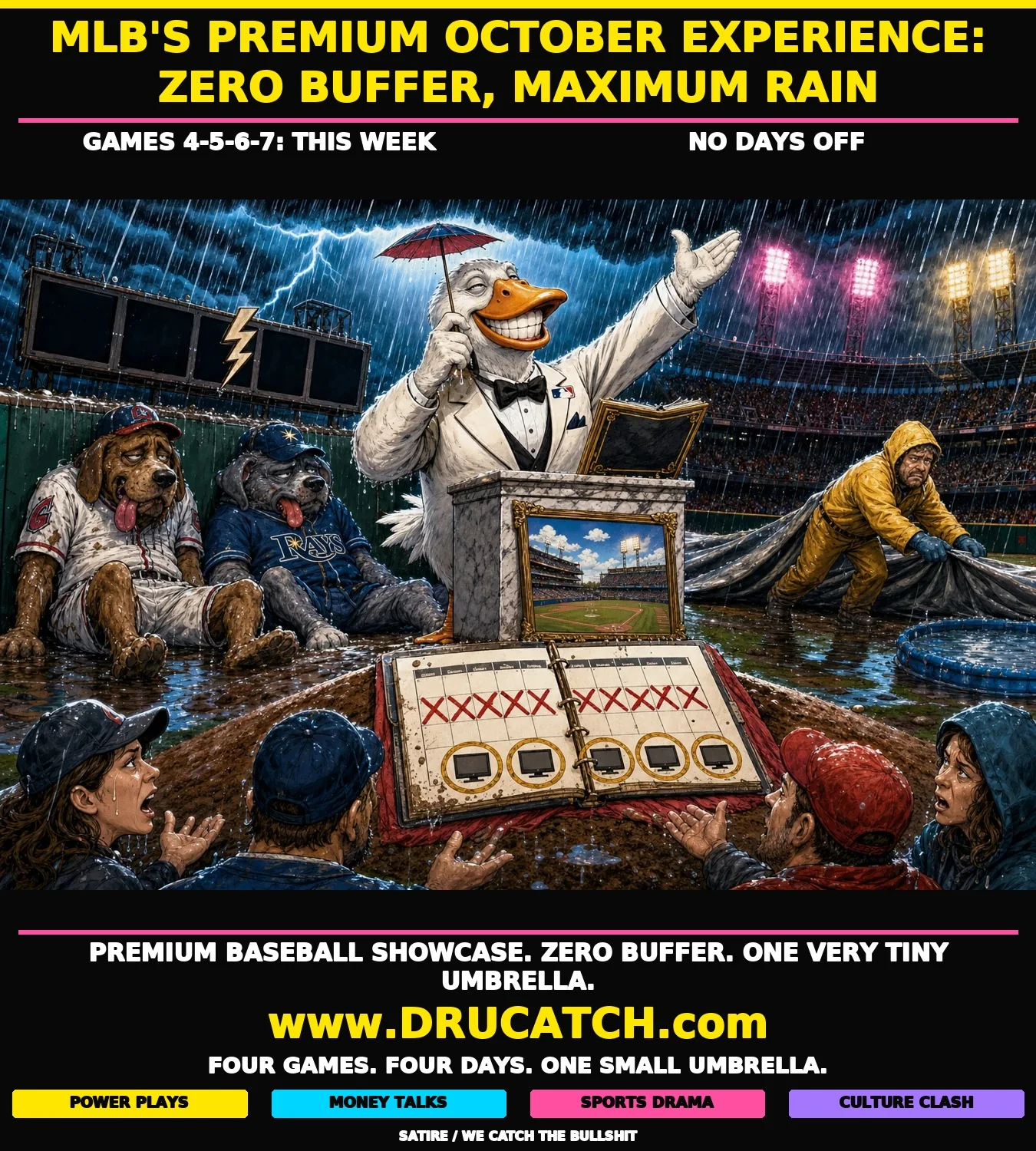Satirical editorial cartoon: an oversized-headed MLB commissioner goose in a tuxedo reads from a gold-bordered brochure under a tiny cocktail umbrella on a rain-soaked pitcher's mound, while two exhausted player dogs in Guardians and Rays jerseys slump against the outfield wall beneath a scoreboard showing four back-to-back games with no rest days.