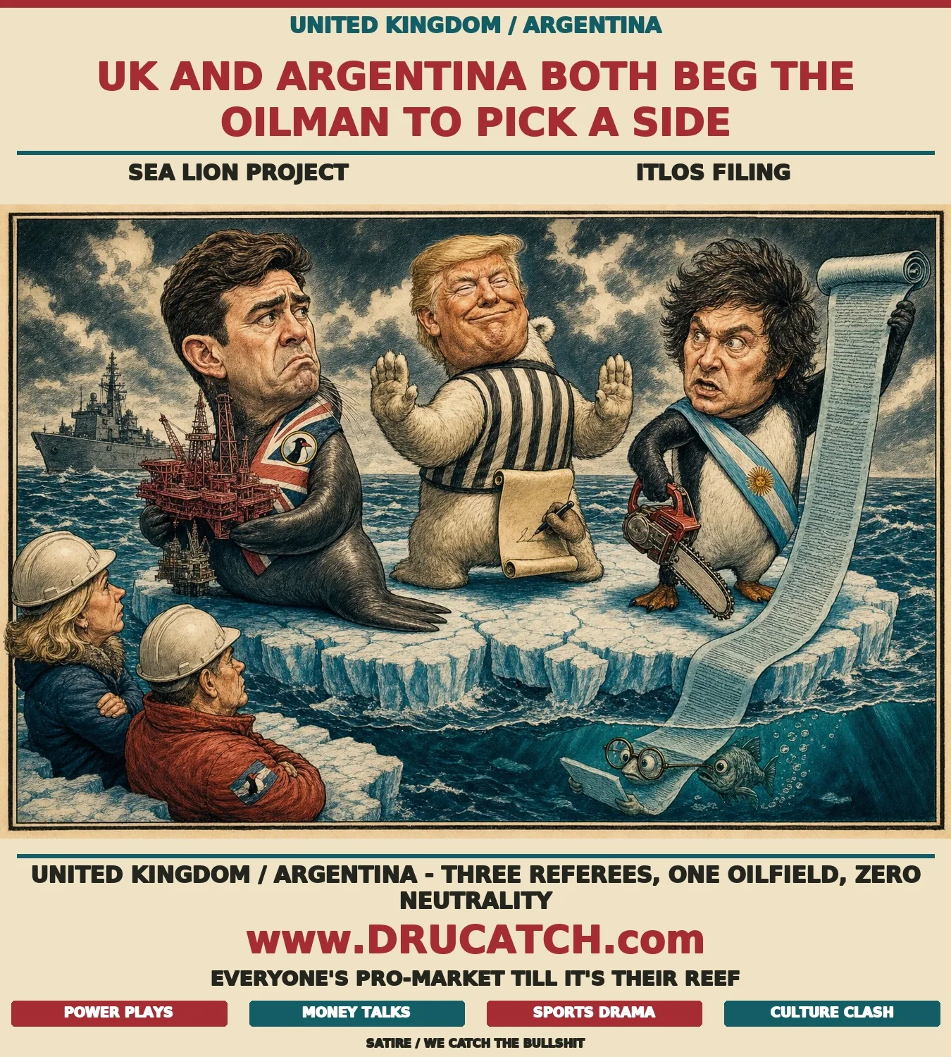 UK, Argentina and the US Fight Over Falklands Oil Editorial cartoon of a sea lion with Andy Burnham's face clutching an oil rig, facing a penguin with Javier Milei's face holding a giant UN scroll, while a polar bear with Donald Trump's face referees and secretly signs a drilling permit behind its back, all on a crumbling ice floe.