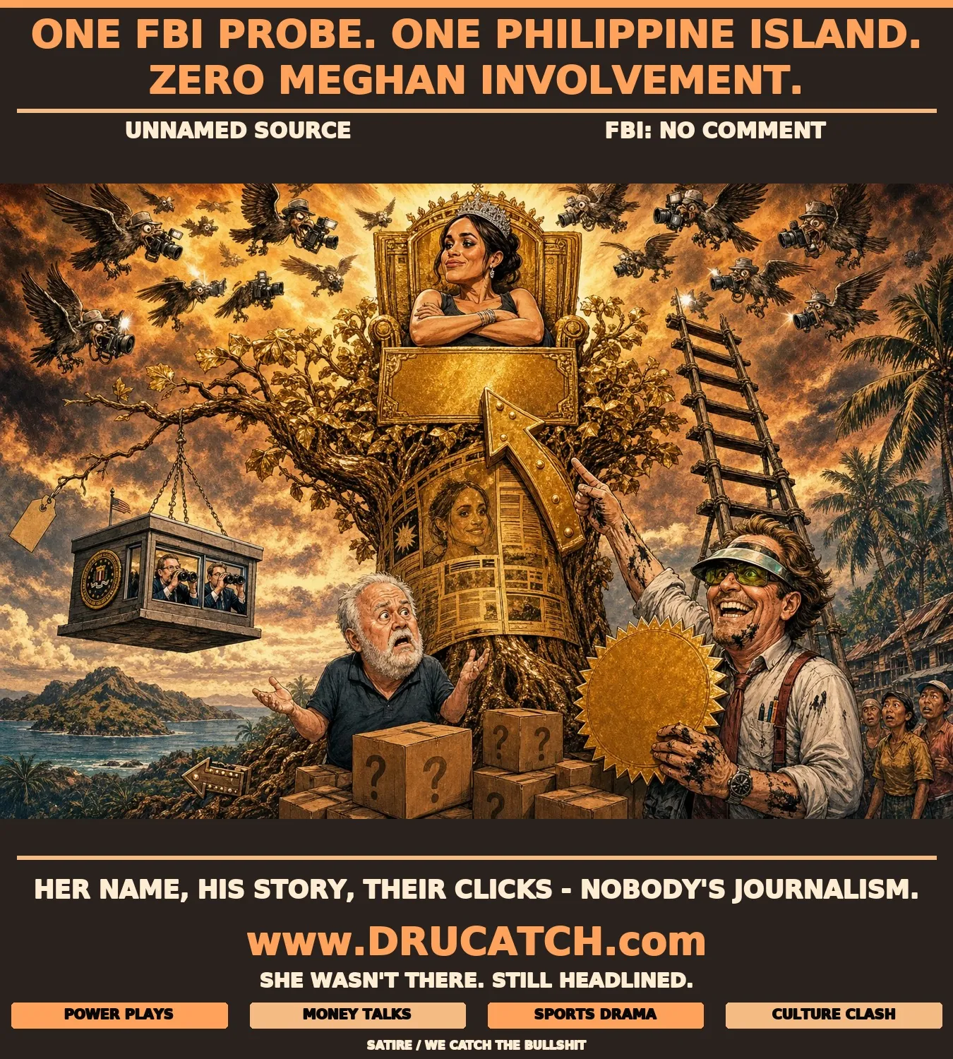 Editorial cartoon of a golden royal family tree with Meghan Markle caricature enthroned at the crown while a tiny FBI field office dangles from a distant lower branch above a baffled Thomas Markle Sr. and stacked boxes, as a tabloid editor frantically points upward away from the actual story below