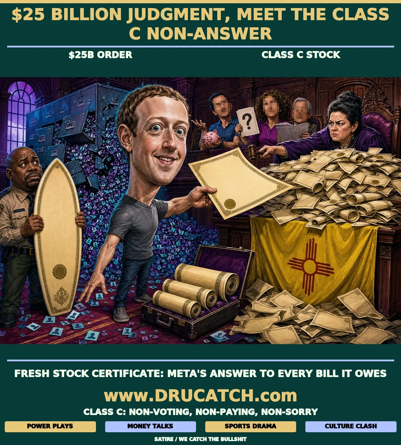 Editorial cartoon of Mark Zuckerberg handing a Class C stock certificate to a New Mexico judge buried in identical certificates, while a filing cabinet spills user-profile silhouettes and a bailiff holds a surfboard-sized $25 billion invoice.
