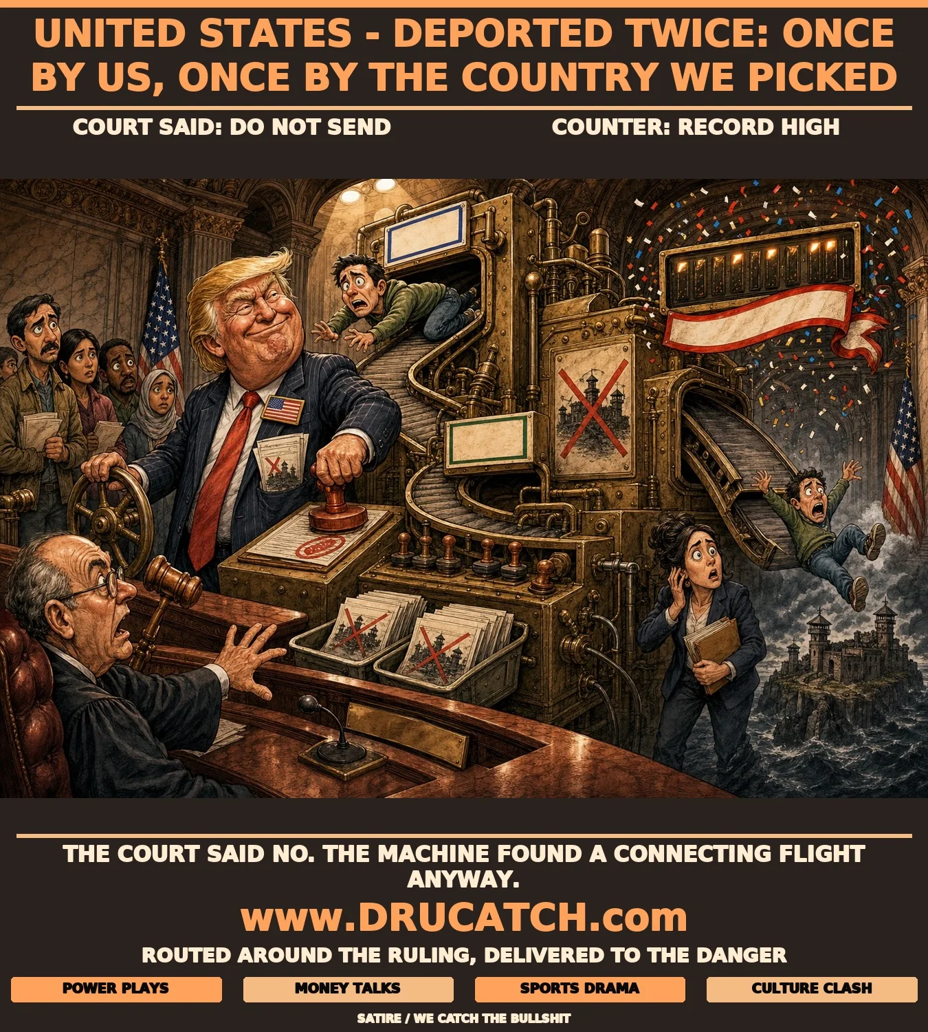 Editorial cartoon showing a caricature government official feeding a symbolic figure into a bureaucratic deportation routing machine that loops through a third country before ejecting the figure toward the forbidden destination marked with a red X on an ignored court ruling.
