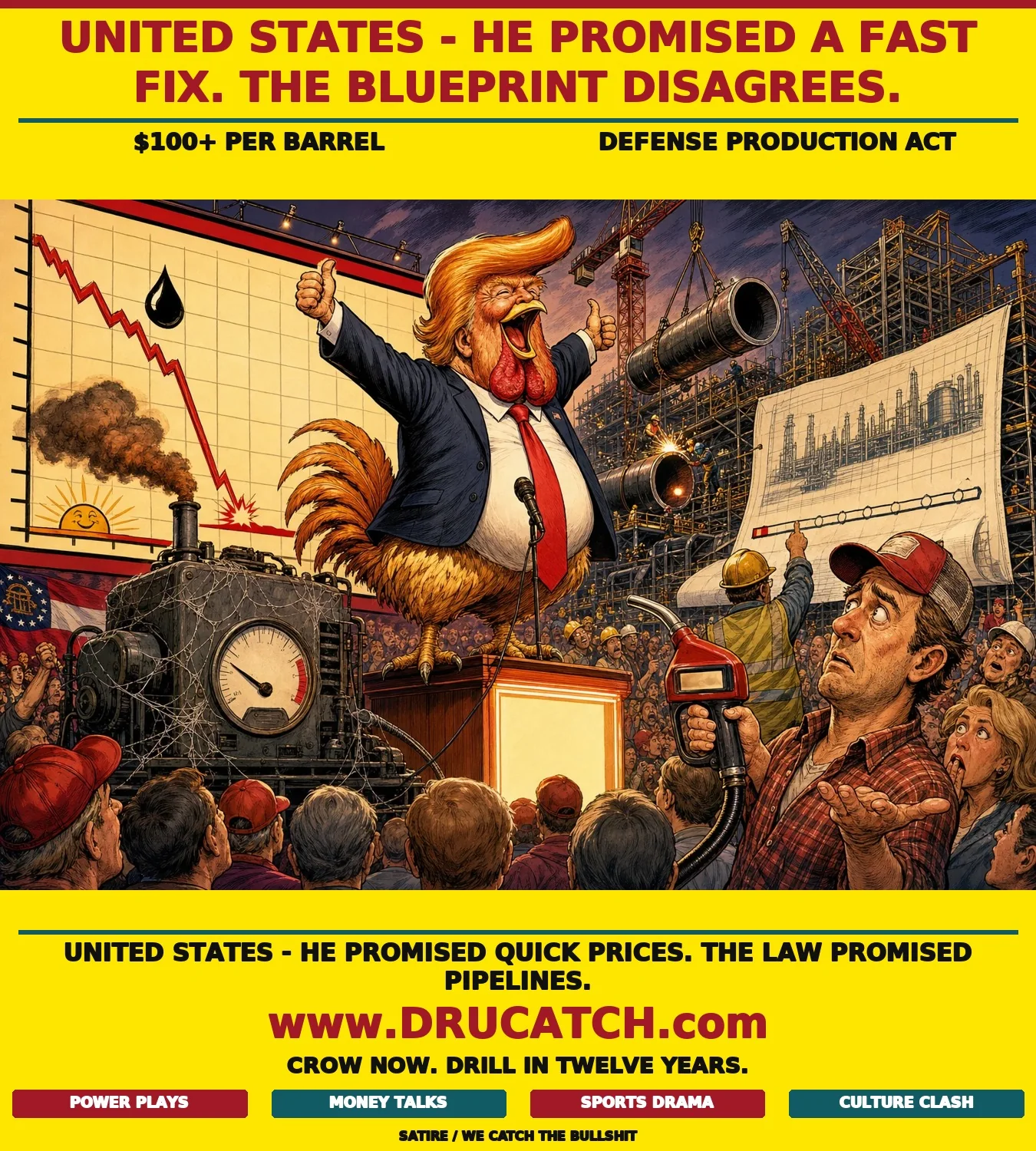 Editorial cartoon caricature of a rooster in a presidential suit crowing at a plummeting oil-price graph at a Georgia rally while an enormous unfinished pipeline construction site rises behind him and a voter holds a blank $100 gas pump nozzle.