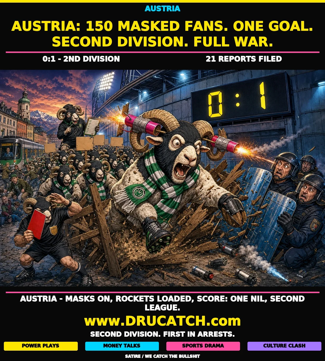 Satirical editorial cartoon showing an anthropomorphic ram in a football scarf and balaclava charging through a security fence with rocket fireworks taped to its horns, while a 0:1 scoreboard reading 2nd Division looms above the chaos.