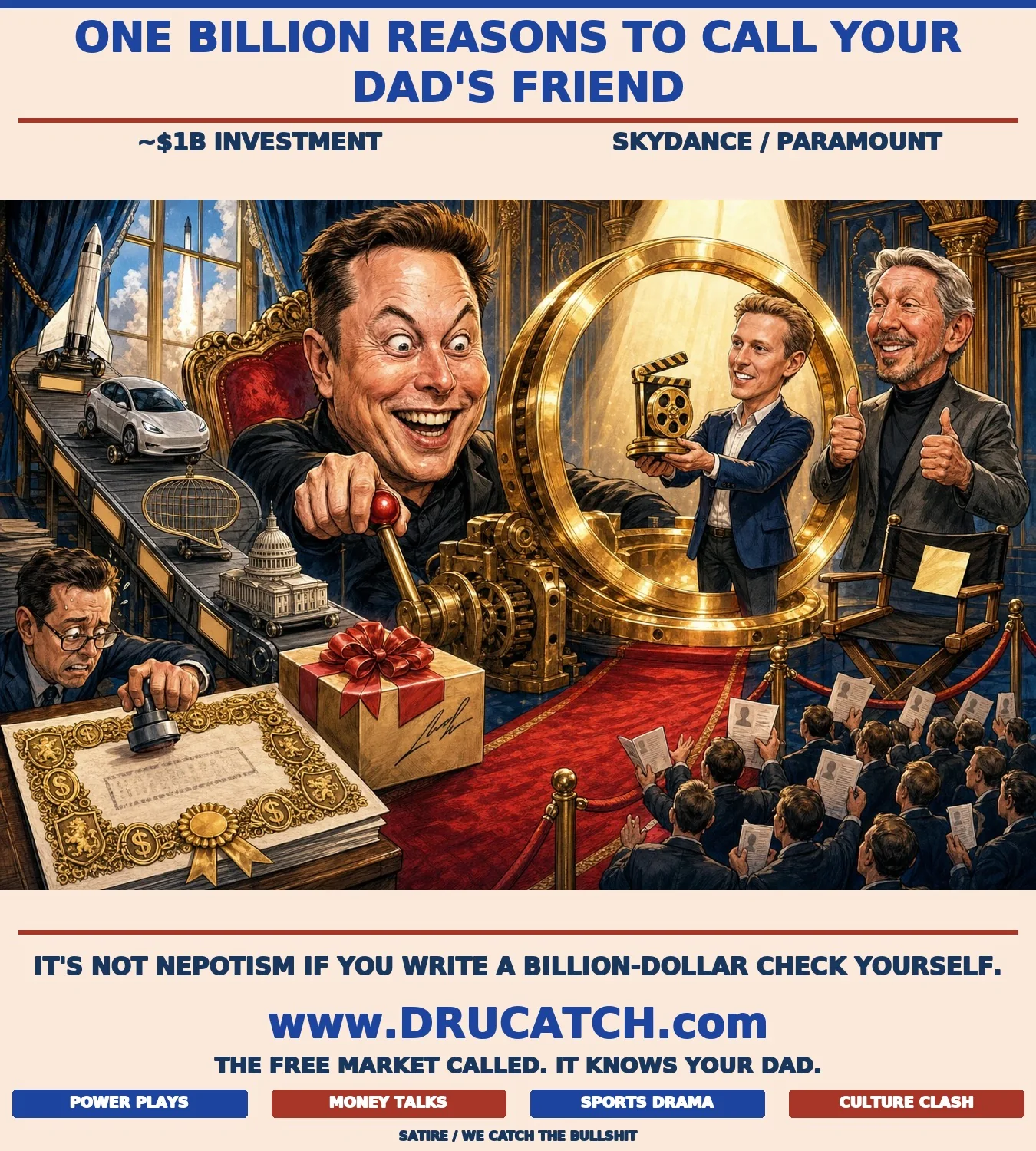 Elon Musk's Skydance Investment: The Venn Diagram That Keeps Collapsing Editorial caricature of Elon Musk operating a golden Venn-diagram machine that forces all rings to collapse into one, as David Ellison hands him a film reel trophy while Larry Ellison beams in the background.