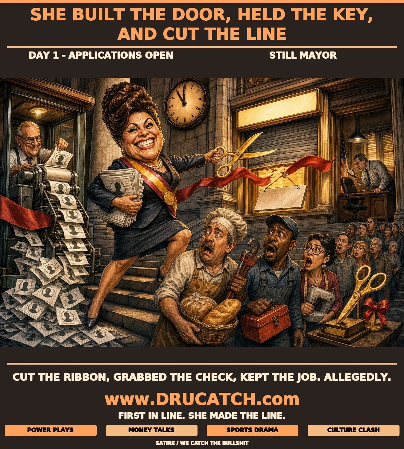 Editorial cartoon of Kissimmee Mayor Jackie Espinosa cutting a grand opening ribbon with one hand while clutching a stack of her own completed grant applications with the other, as a line of locked-out small business owners watches the window slam shut behind her.