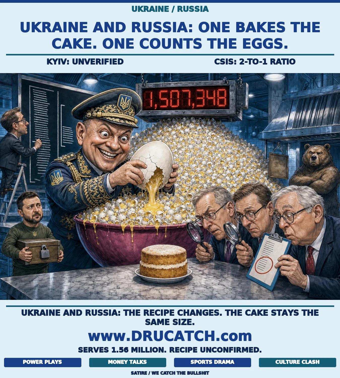 Ukraine and Russia: The Egg Count Nobody Can Verify Editorial cartoon showing a caricature Ukrainian military officer cracking a giant novelty egg into an overflowing bowl while a rolling counter reads over 1.5 million, as three Western analysts examine a much smaller finished cake with magnifying glasses and clipboards.