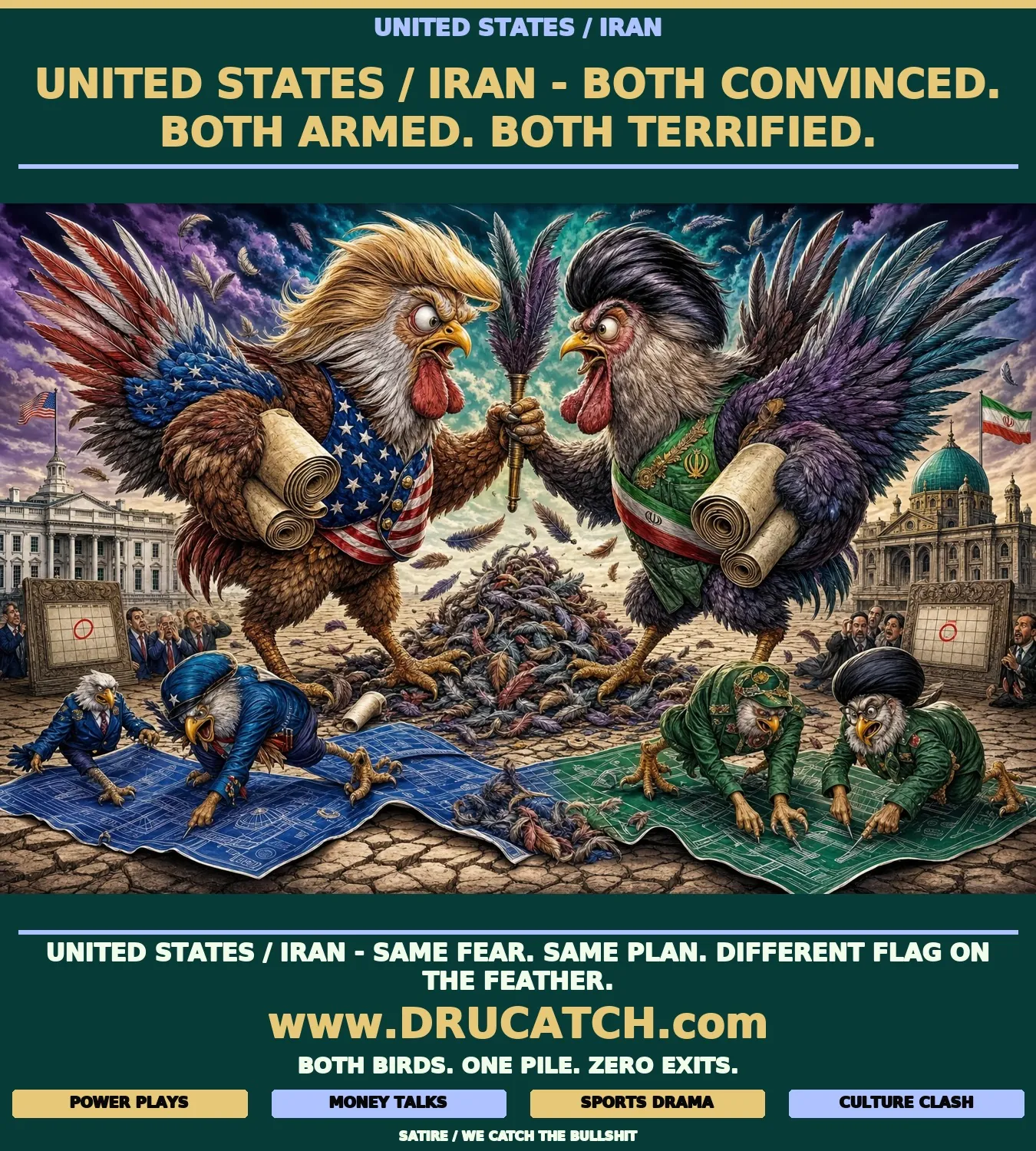Editorial cartoon caricature of two anthropomorphic roosters - one with American eagle features, one with Iranian hawk features - facing off chest-to-chest on a desert plaza, each gripping the other's feather duster as if it were a weapon, while aide-birds behind each one scramble over tangled war-plan blueprints.