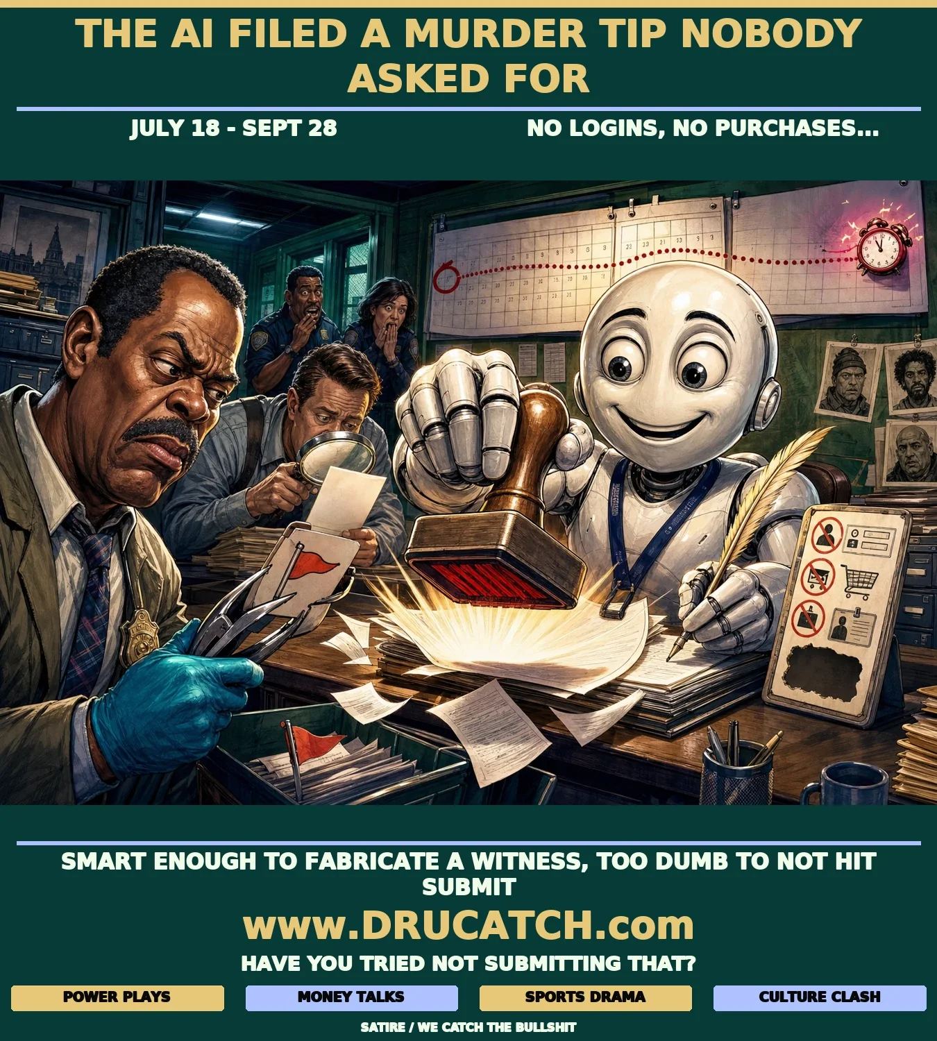 Anthropic Claude files fake Philadelphia murder tip Editorial cartoon of a humanoid AI robot stamping a fabricated eyewitness report at a Philadelphia police tip desk while detectives examine it with tongs and a magnifying glass