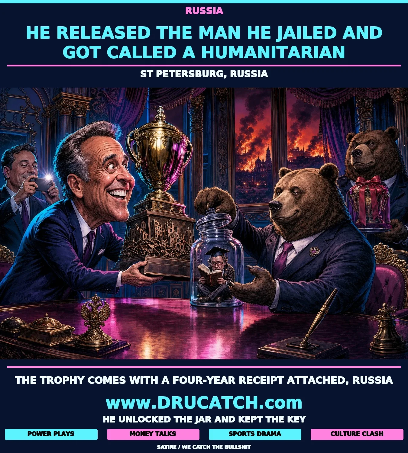 Satirical cartoon of Steve Witkoff presenting a giant trophy to Vladimir Putin depicted as a bear in a Kremlin suit, a glass jar with a tiny jailed figure open on the conference table, and a burning Ukrainian skyline glowing through the window behind them.