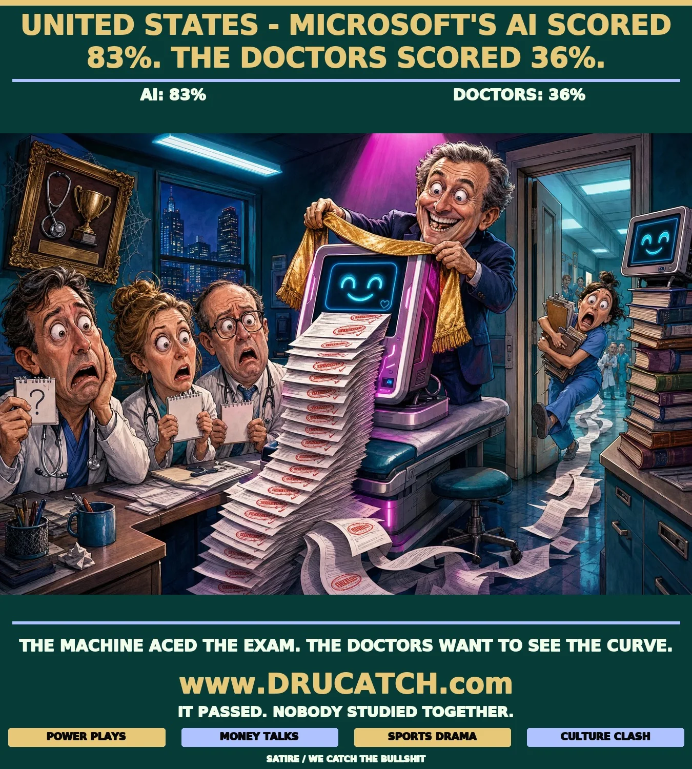 Editorial cartoon of a glowing Microsoft AI diagnostic terminal in a hospital clinic dispensing a cascade of correct diagnosis printouts taller than the machine itself, while three caricature doctors with drooping jaws hold nearly blank scorecards and a stunned administrator drapes a winner's sash over the screen.
