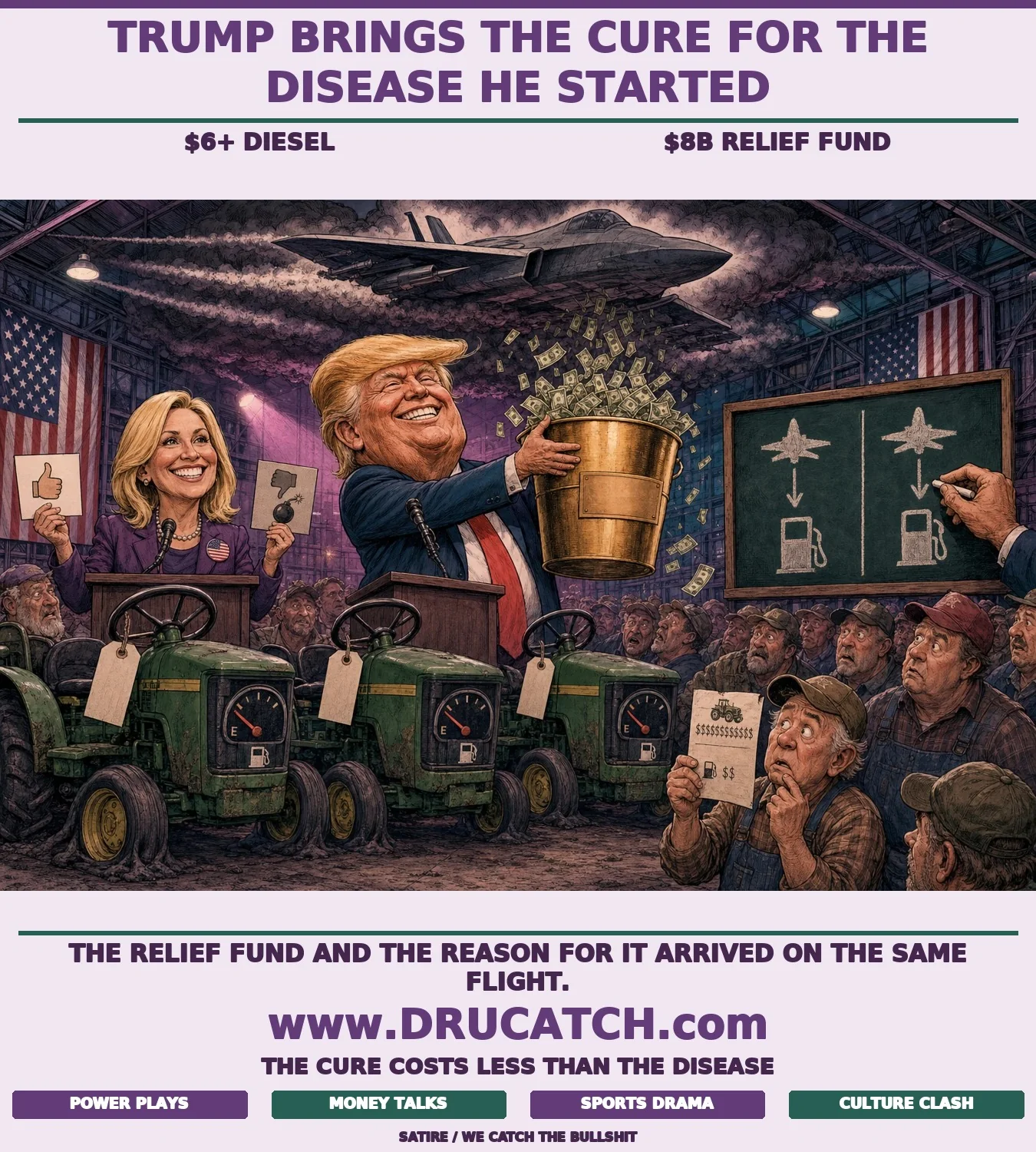 Editorial cartoon caricature of Trump presenting a large relief bucket to Iowa farmers inside an airplane hangar while a military-jet-shaped storm cloud pours diesel smoke above him; Hinson holds two contradictory cue cards simultaneously.