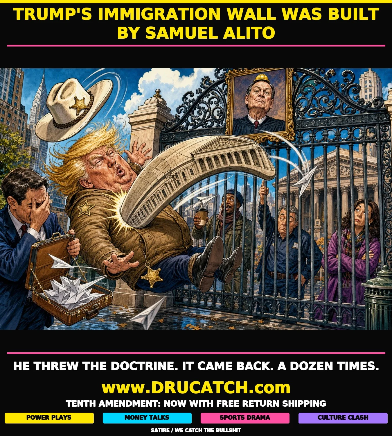 A Supreme Court-shaped boomerang knocks sheriff-hatted Trump backwards at a New York gate while an aide catches returning paper planes and city residents react.
