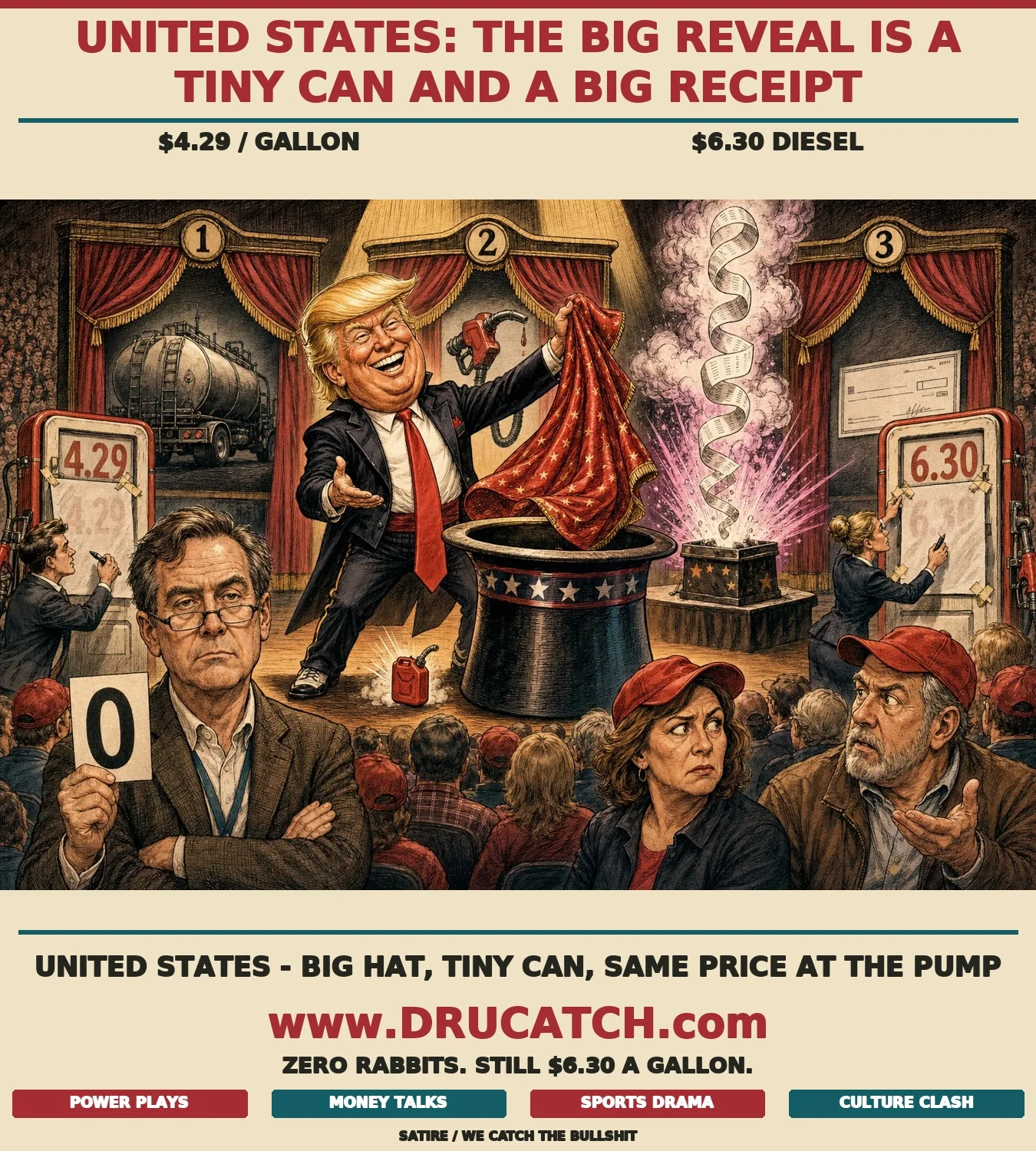Editorial cartoon caricature of Donald Trump in a magician's tailcoat pulling a tiny red diesel jerry can from an enormous top hat on a rally stage, while a front-row analyst holds a card showing only zero and a gas pump receipt climbs higher from a smoke explosion beside him.