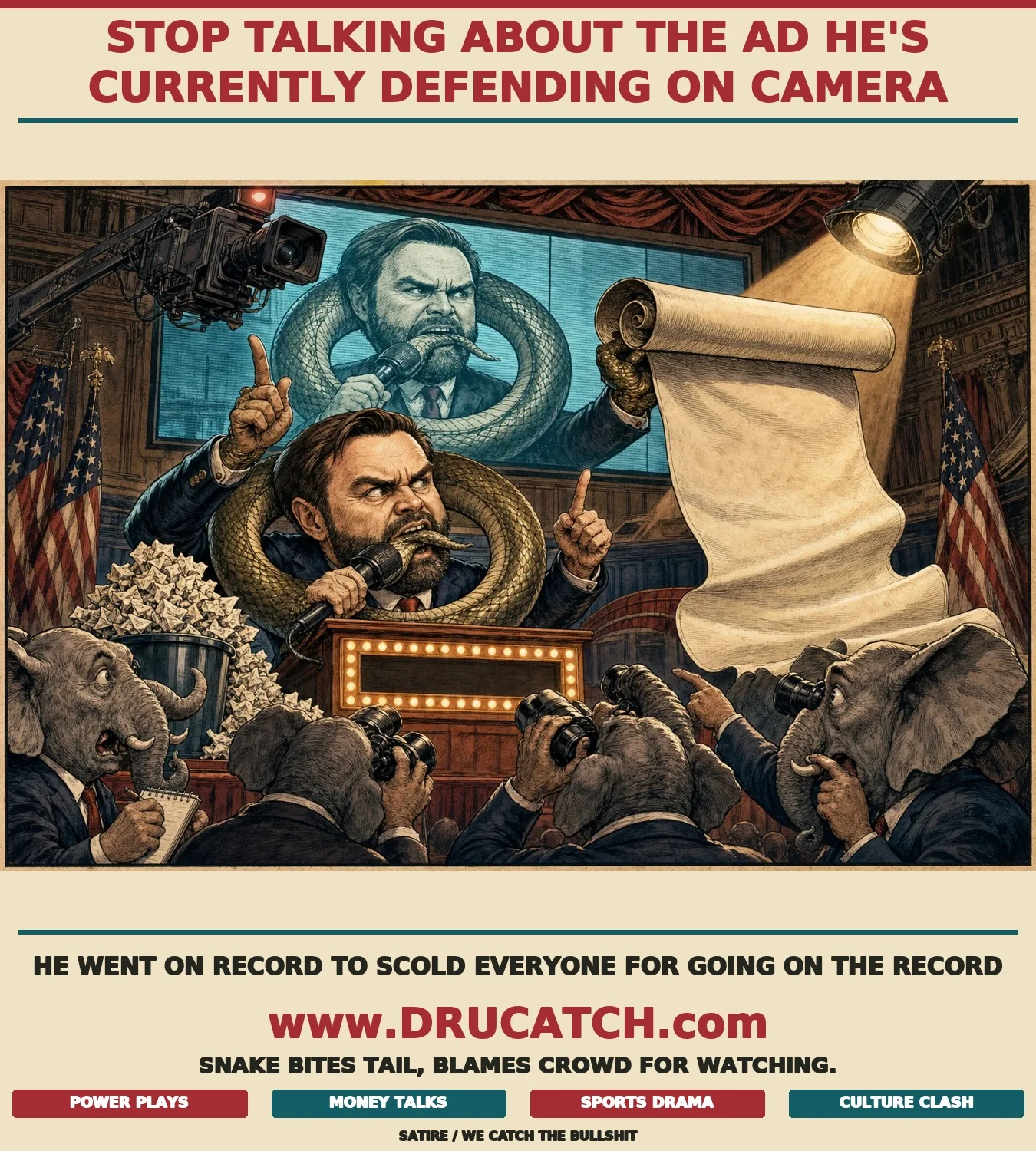 Editorial cartoon of an anthropomorphic JD Vance snake biting its own tail at a press podium while shoving a campaign ad scroll into the spotlight and scolding a crowd of elephant figures below for looking at it.