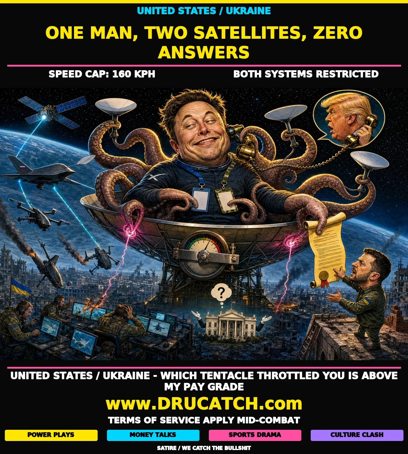 Editorial cartoon of a giant octopus with Elon Musk's caricature head in a SpaceX suit sitting on a satellite dish, pinching signal cables to Ukrainian drones while handing a scroll to a tiny Zelensky below
