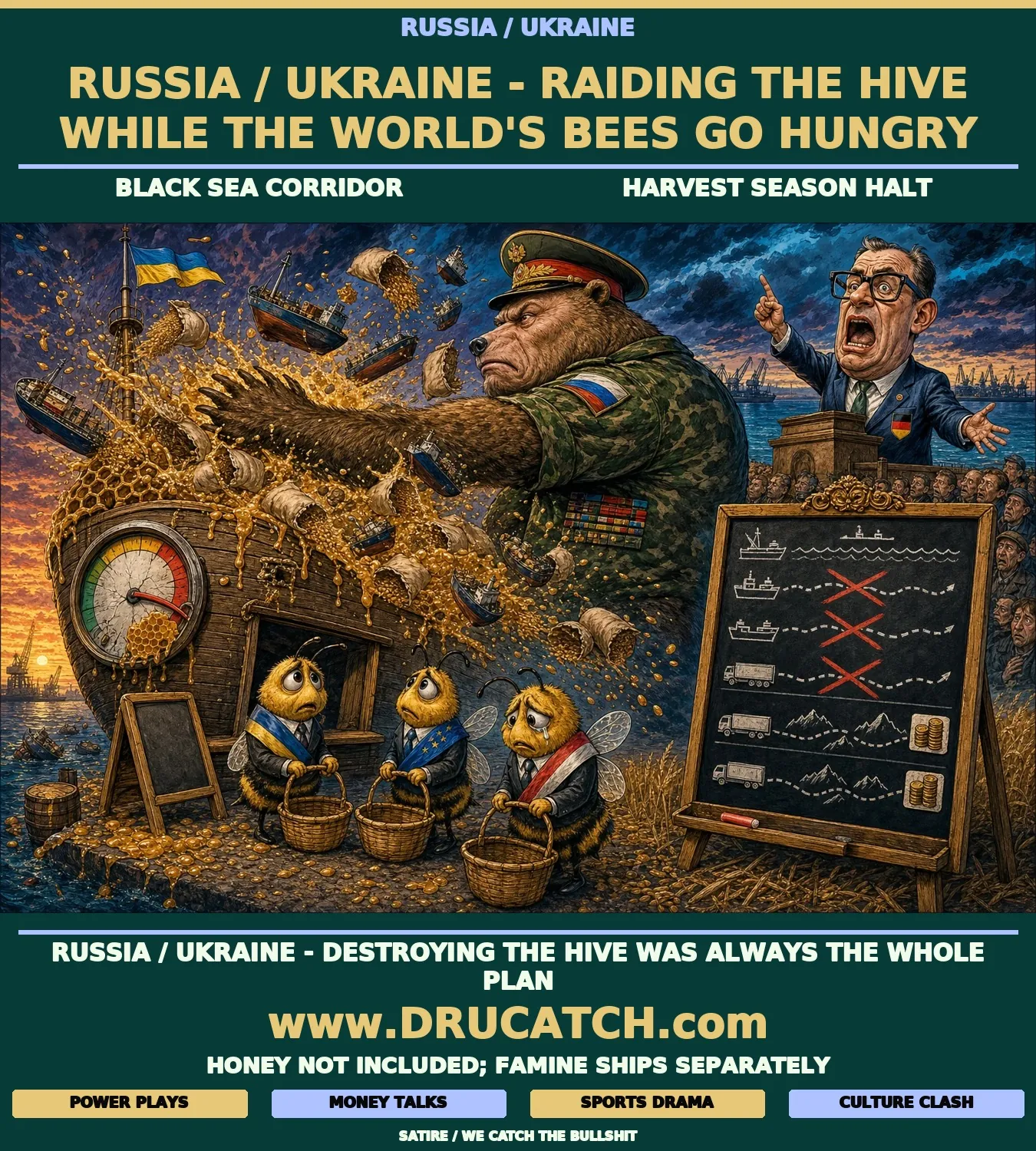 Editorial cartoon: an anthropomorphic bear in a military general's uniform smashes a Black Sea grain-ship beehive with both paws while bee diplomats with empty bread baskets wait at a closed grain window and a shipping route blackboard shows every Black Sea lane crossed out.