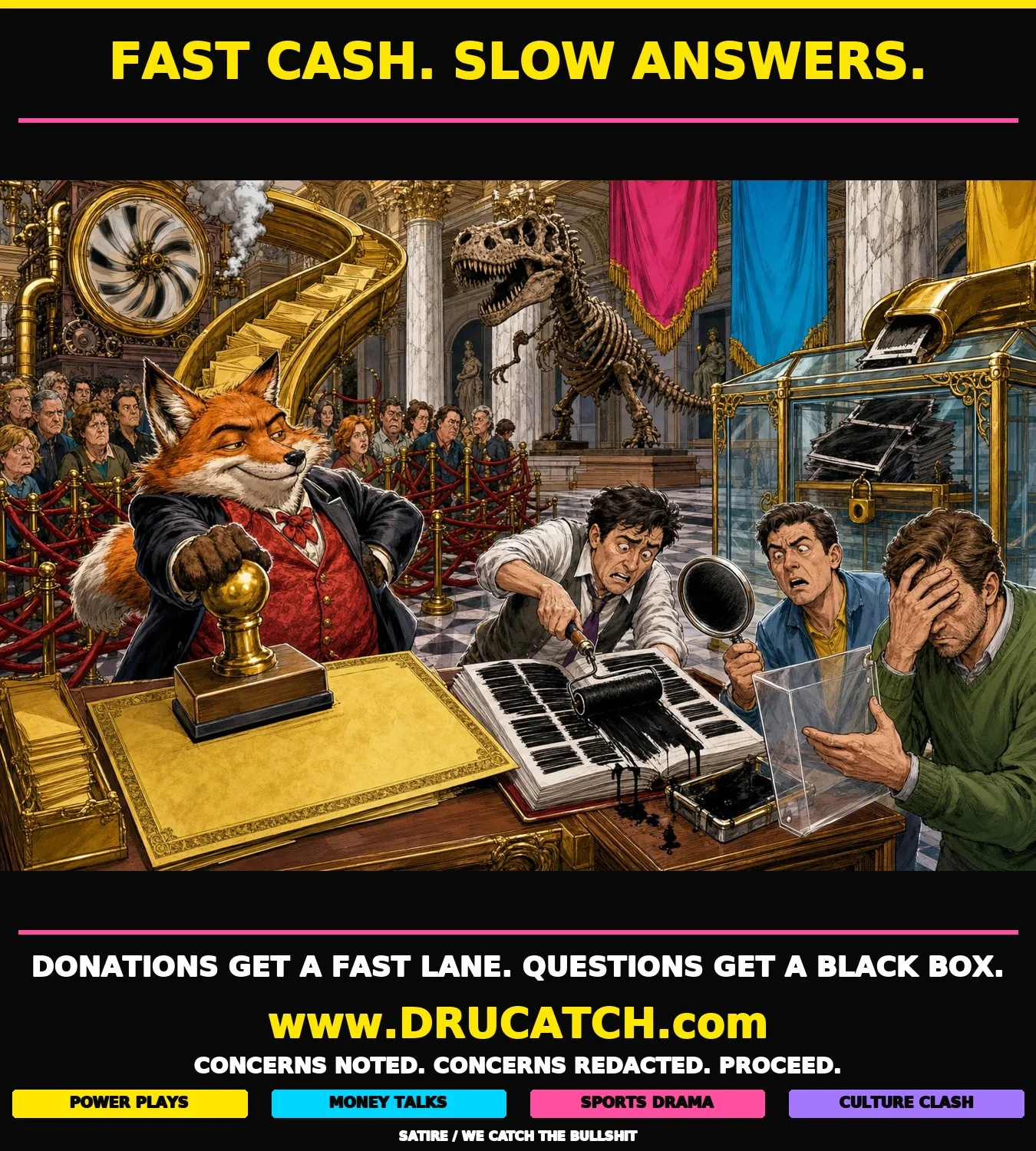Fast donations and blacked-out answers at the British Museum A fox museum chairman stamps a golden cheque while a human clerk blacks out a report and three frustrated visitors struggle to inspect it.