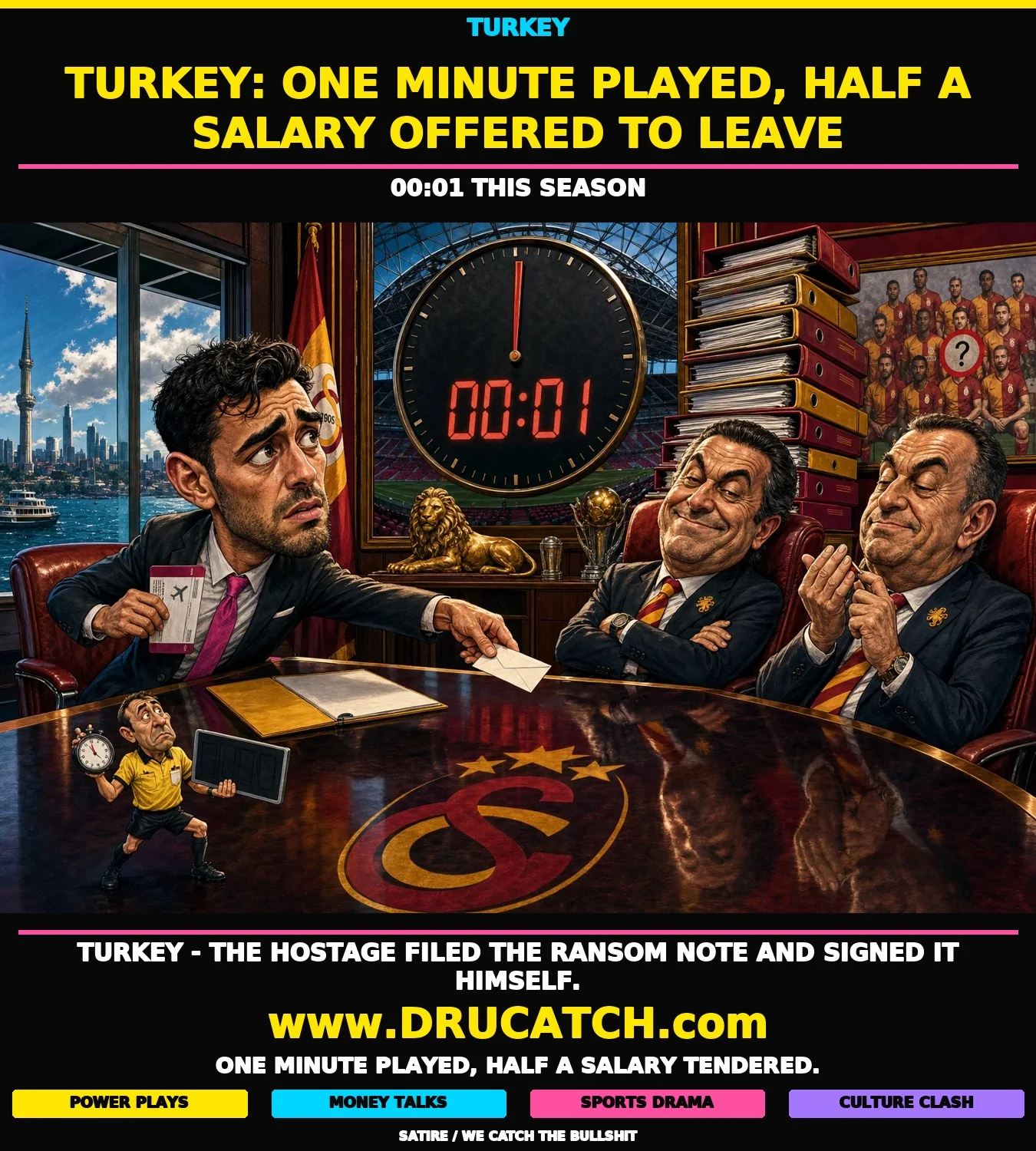 Editorial cartoon of Kaan Ayhan in a suit sliding a small envelope across a boardroom table toward two smug Galatasaray executives, clutching a plane ticket, while a giant stadium clock on the wall reads 00:01.
