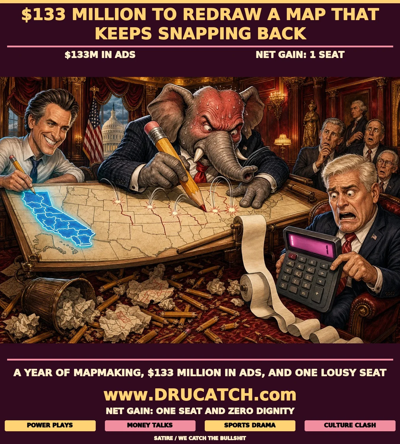 Editorial cartoon of a GOP elephant in a suit frantically redrawing a US map on a drafting table as state lines snap back like rubber bands, while Gavin Newsom redraws California behind him and Tom Emmer stares at a calculator showing one