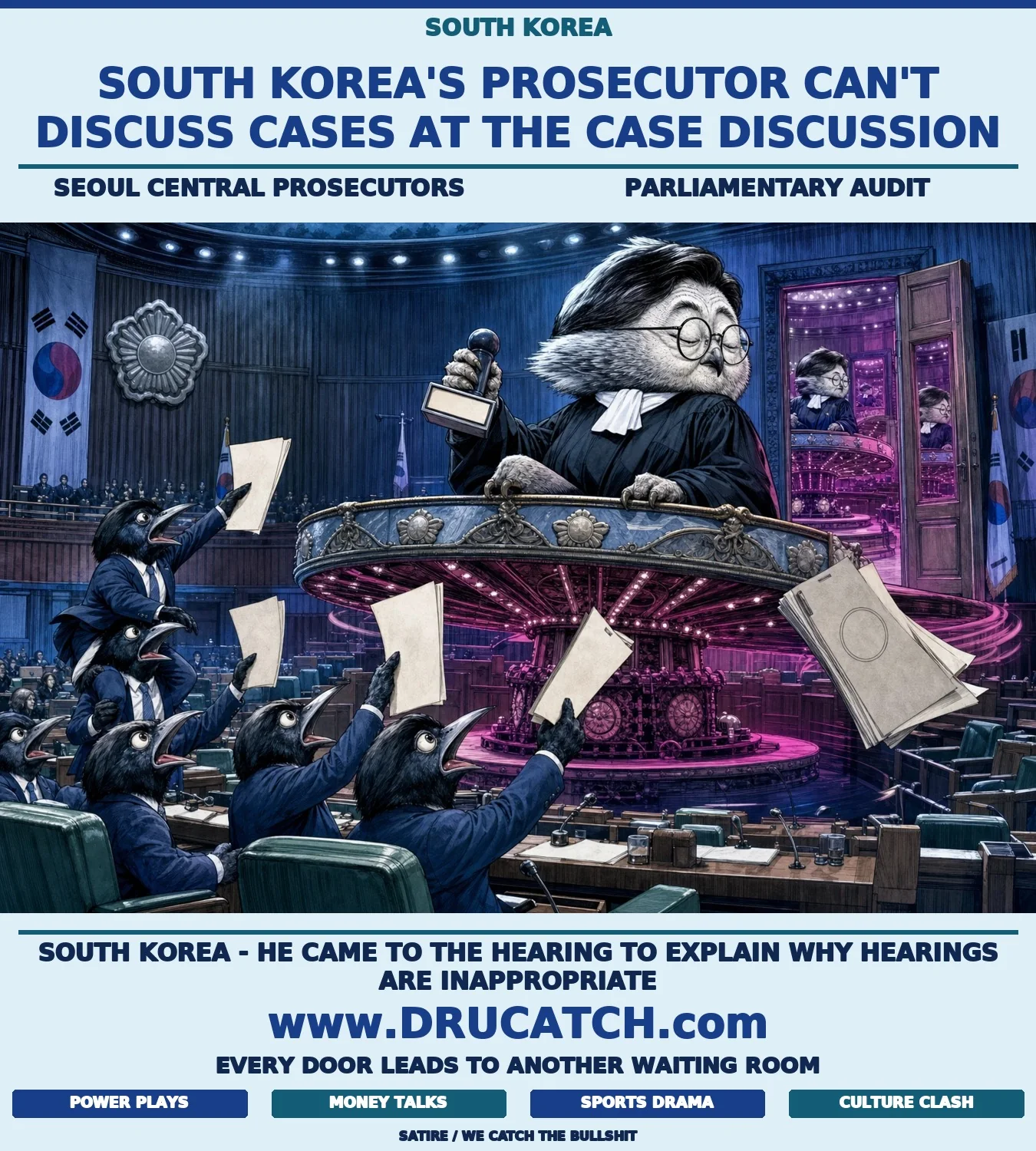 Editorial cartoon of a caricature owl in a prosecutor's robe sitting on a rotating perch in a parliamentary chamber, eyes shut, ignoring magpie lawmakers waving questions below