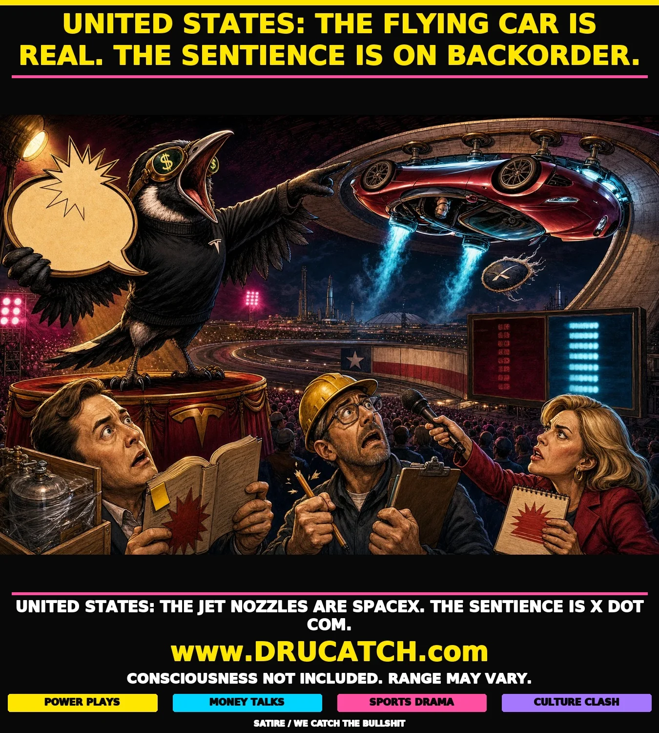 United States: Elon Musk's Sentient Roadster Announcement Editorial cartoon caricature of a magpie in a Tesla CEO turtleneck pointing at a hovering inverted Roadster firing jet nozzles above a circular Texas test track, while an onlooker holds a philosophy textbook and a scoreboard counts philosophy claims outpacing engineering claims.