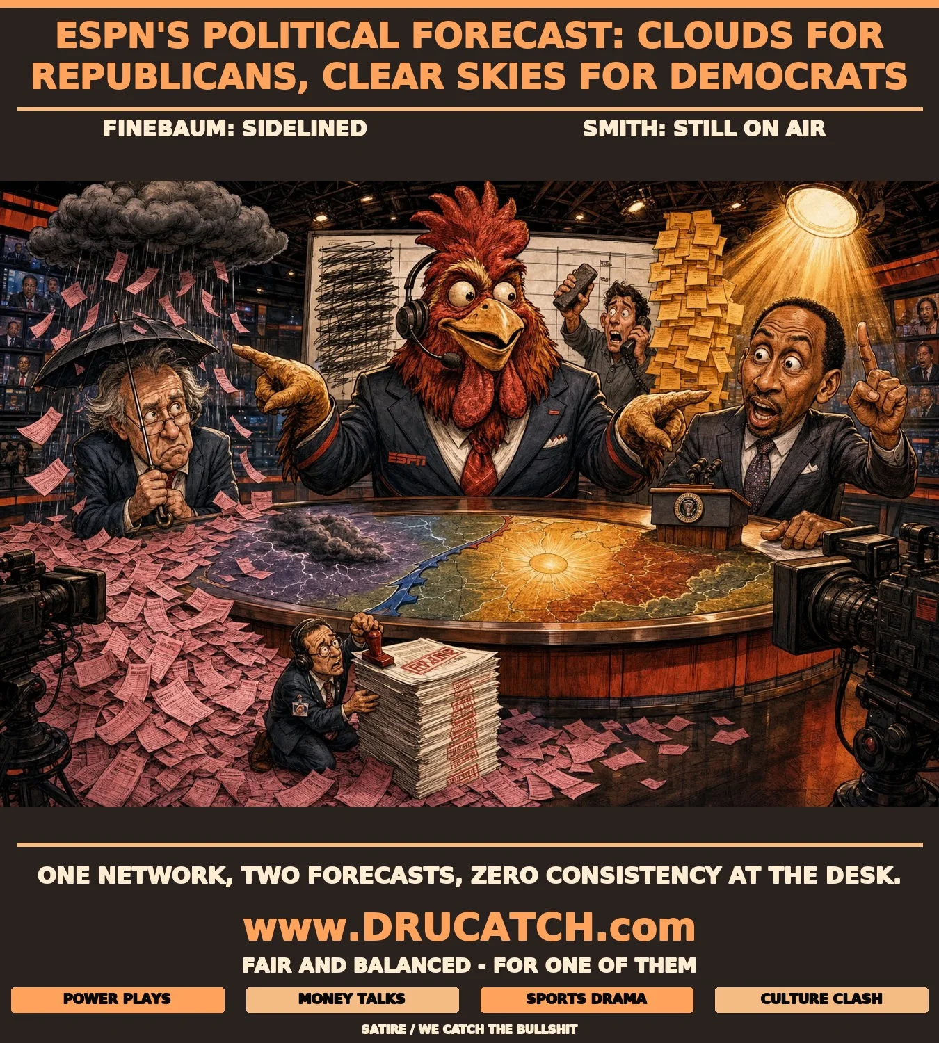 Satirical editorial cartoon of an anthropomorphic rooster in an ESPN blazer presenting a split weather map - a storm of pink cancellation slips rains on Paul Finebaum's caricature while Stephen A. Smith basks in sunshine, with an ESPN PR figure stamping NOT A BAN on the studio floor.