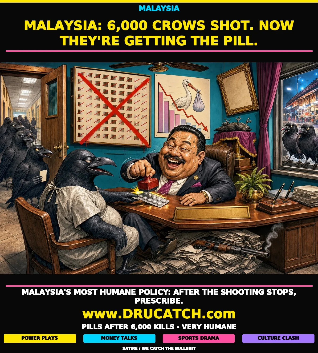 Editorial cartoon caricature of an anthropomorphic crow in a hospital gown sliding a blister pack of pills across a government desk to a sweating city councillor who stamps it APPROVED, while a crossed-out kill-tally scoreboard hangs on the wall behind him and a queue of crows with numbered tickets waits in the hallway.